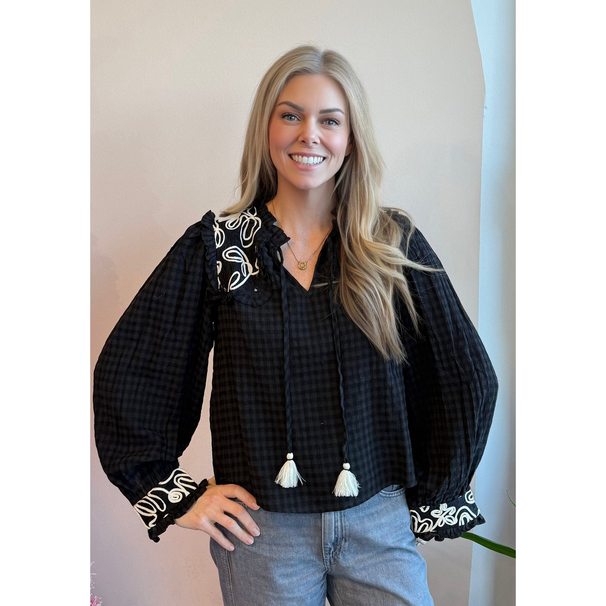 Gingham Puff Sleeve Top close-up in black — subtle gingham print detail from Thread & Clover boutique