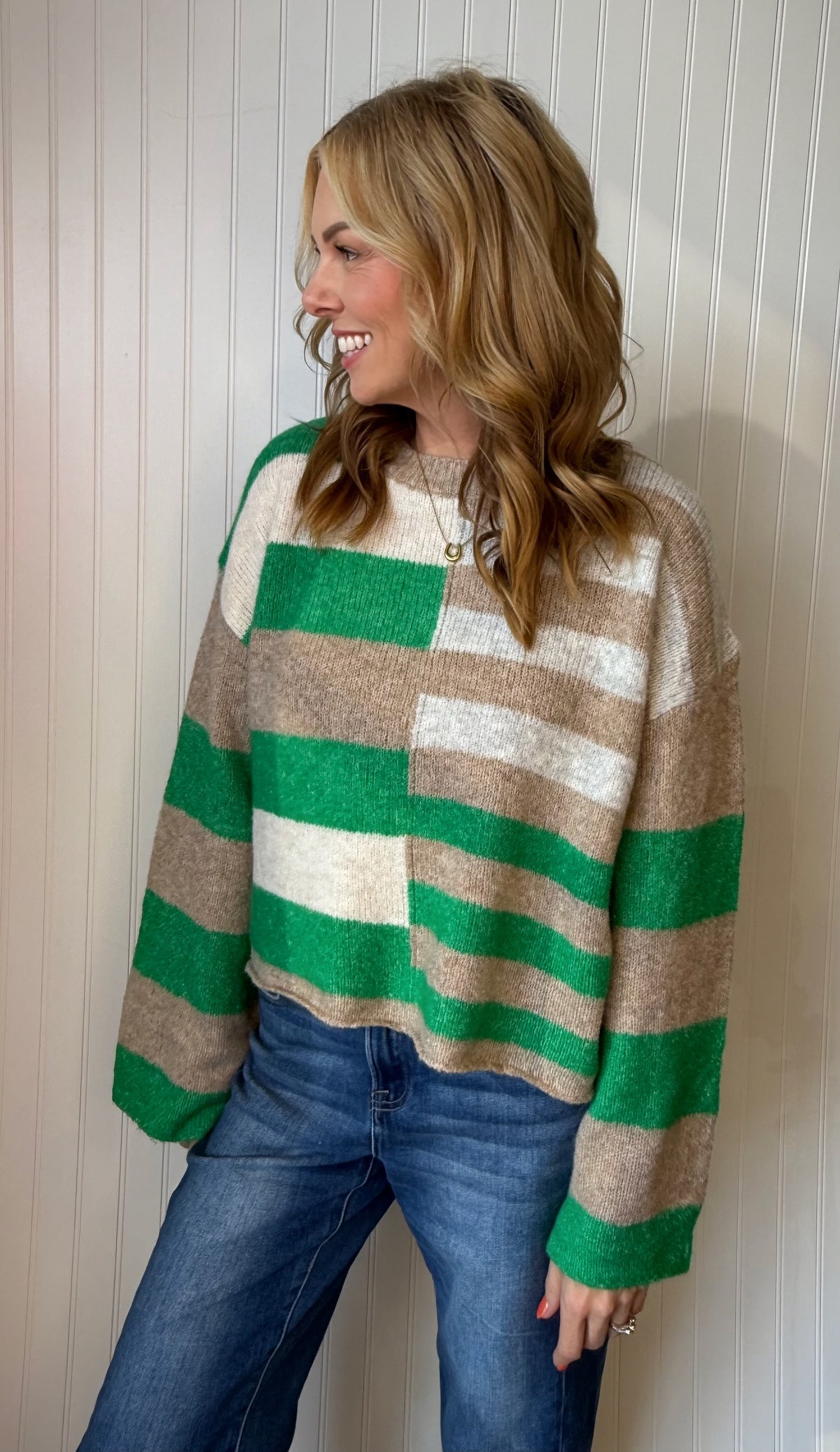 Delilah Striped Sweater in Kelly/Oat — color-block knit sweater from Thread & Clover boutique