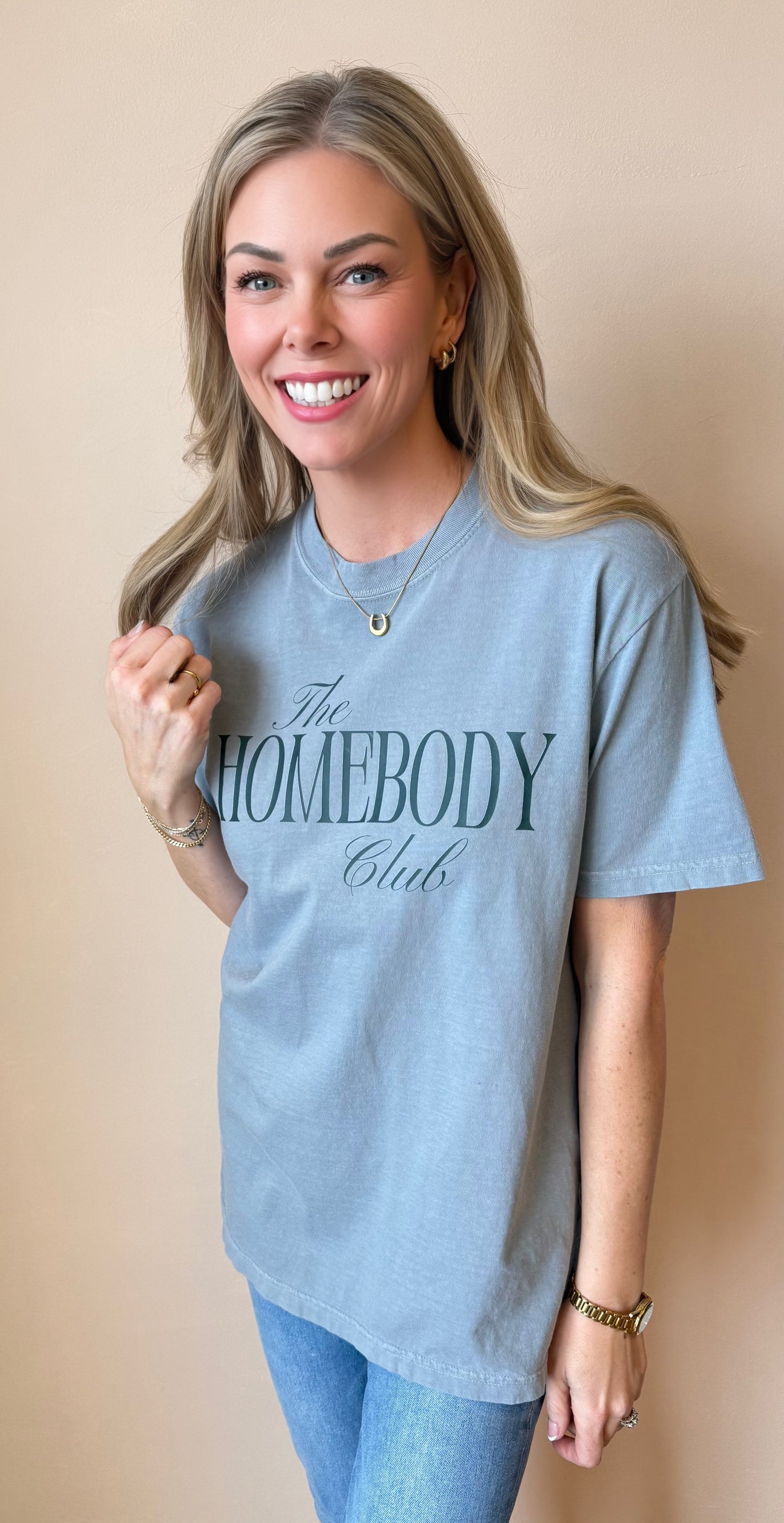 Homebody Club Tee styled in charcoal — casual graphic tee from Thread & Clover boutique