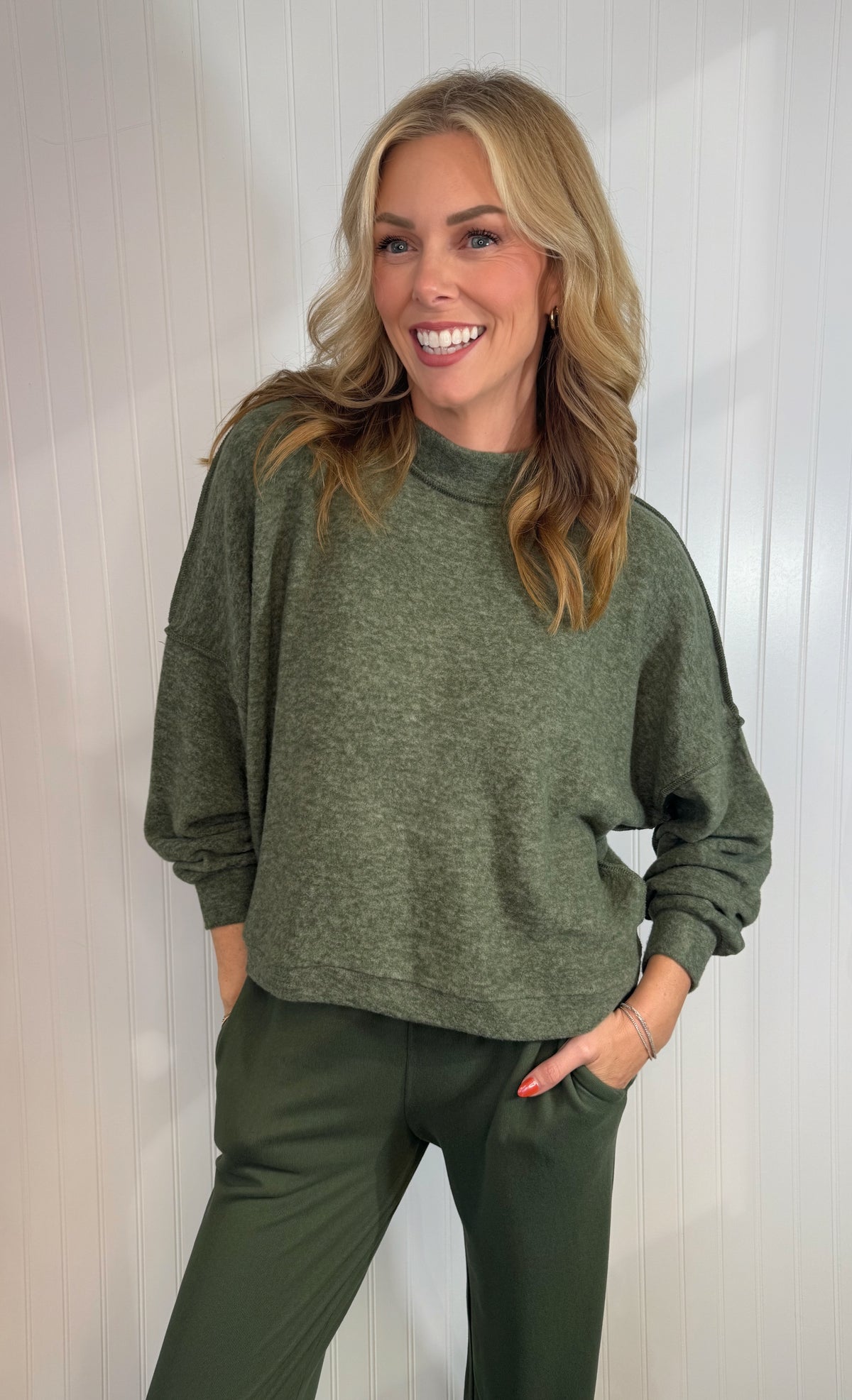 Farrah Melange Hacci Sweater and Priscilla Hacci Lounge Pants — matching hacci lounge set from Thread & Clover boutique