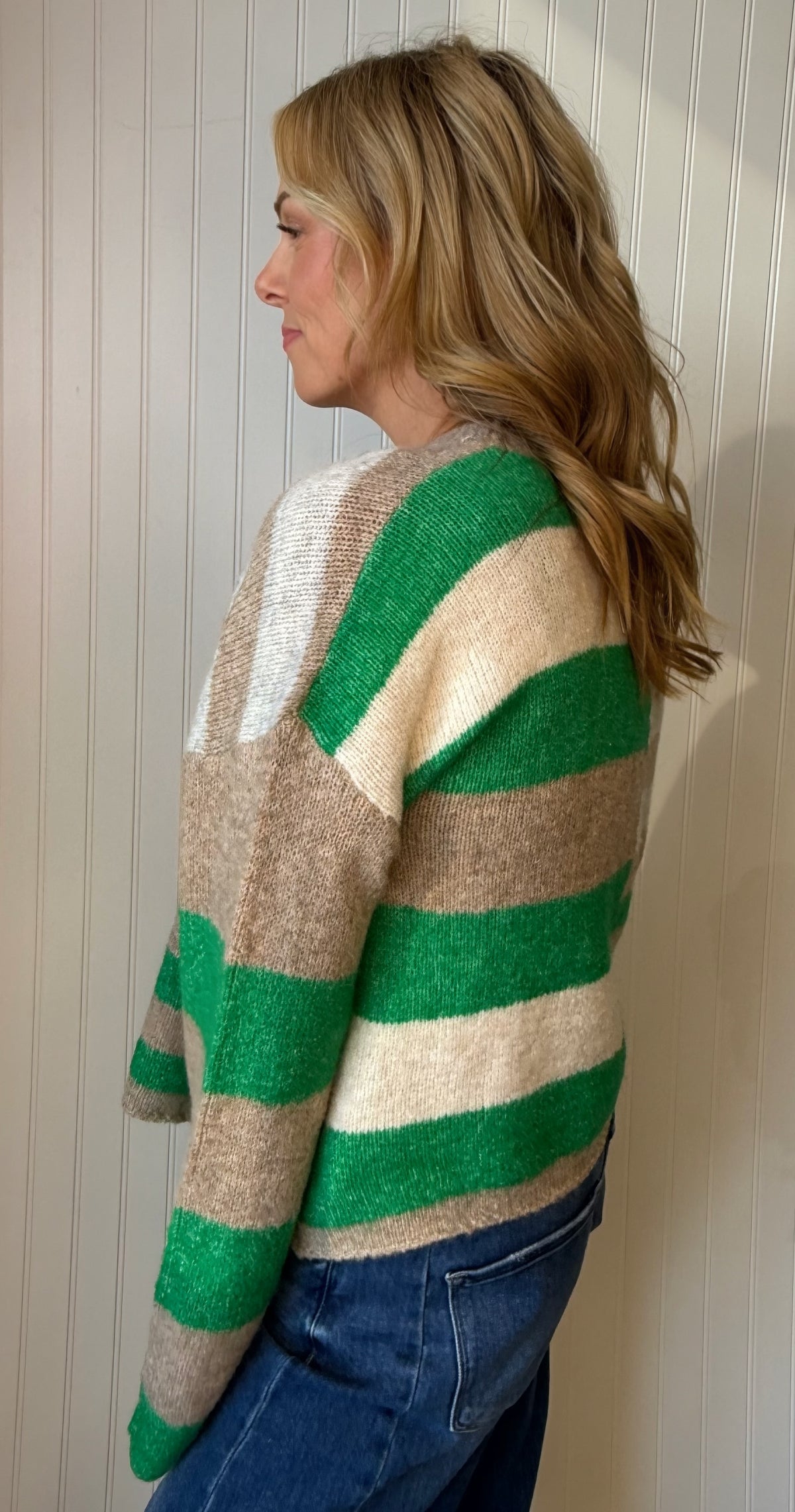 Delilah Striped Sweater in Kelly/Oat — color-block knit sweater from Thread & Clover boutique
