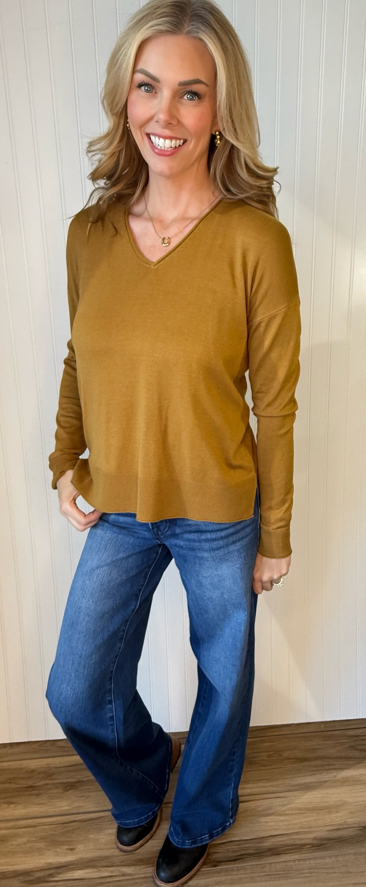 Sunny Side V-Neck Sweater in goldenrod — V-neck sweater from Thread & Clover boutique