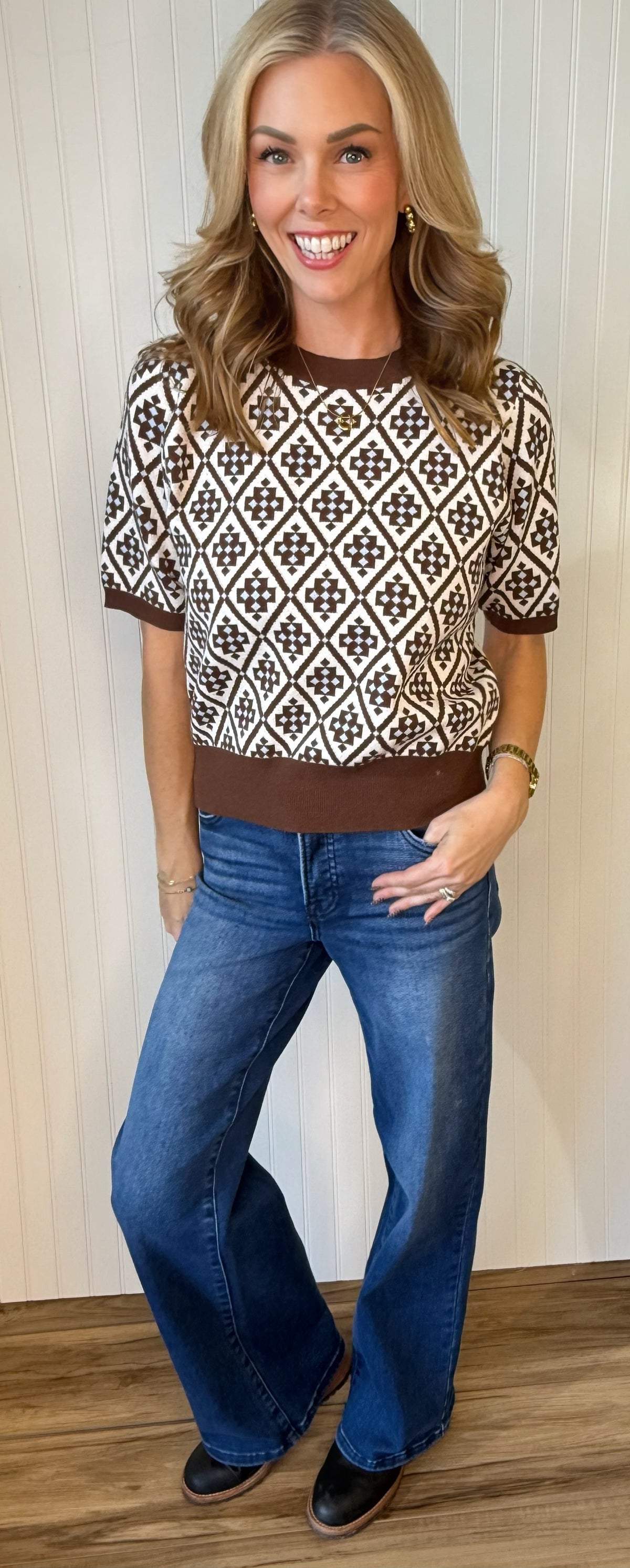 Corryn Patterned Sweater in brown — patterned knit sweater from Thread & Clover boutique