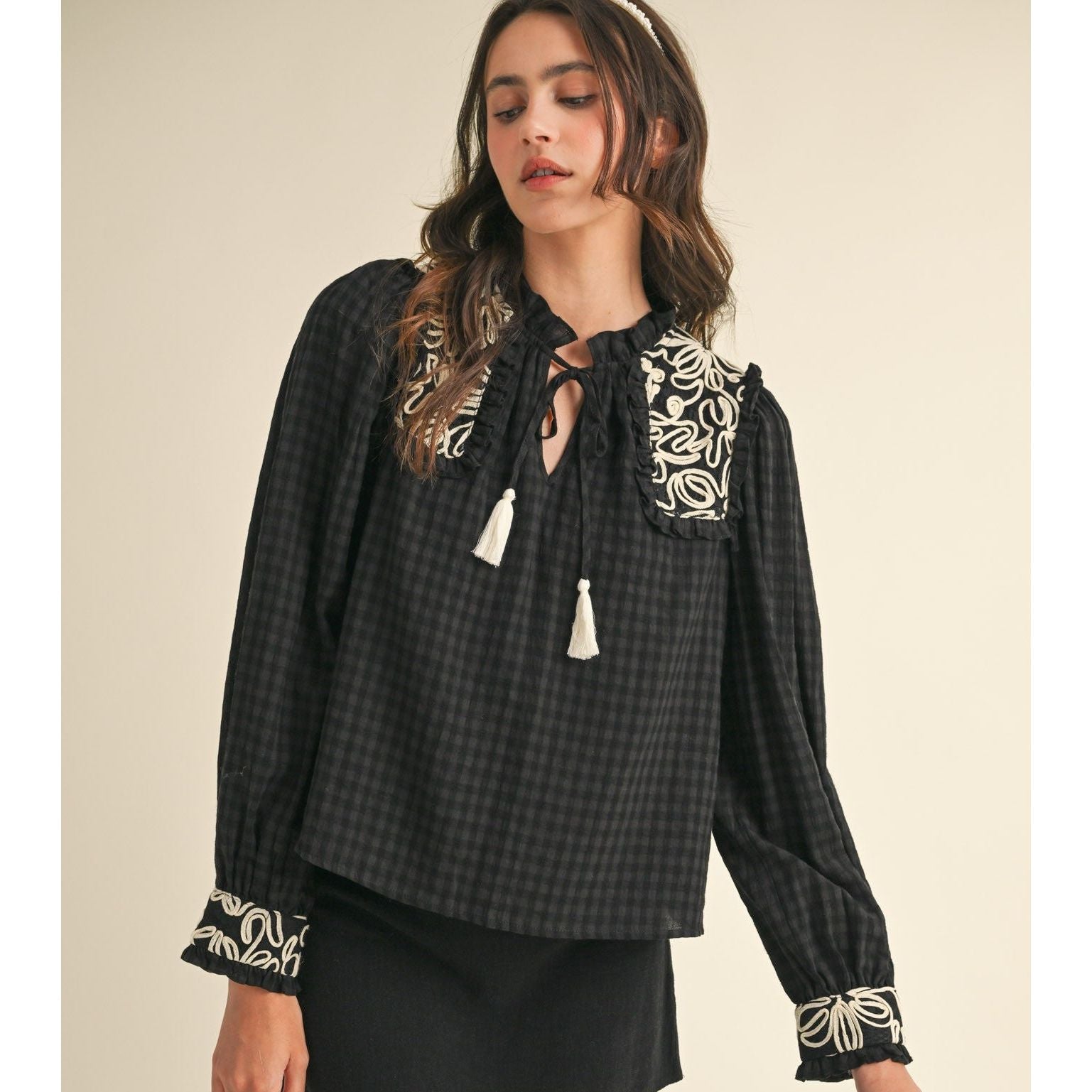 Gingham Puff Sleeve Top in black — subtle gingham texture long sleeve from Thread & Clover boutique