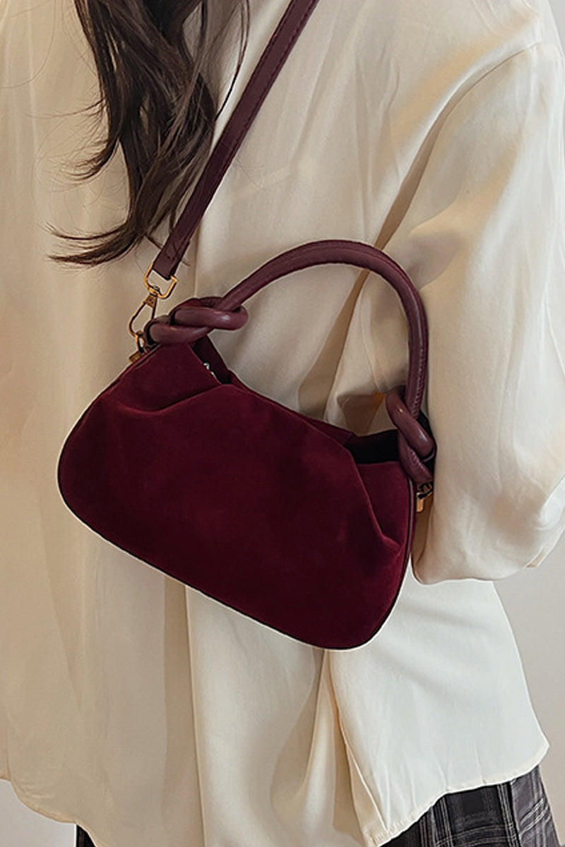 Night Out Suede Purse in Cabernet — ruched suede tote with knotted handle from Thread & Clover boutique
