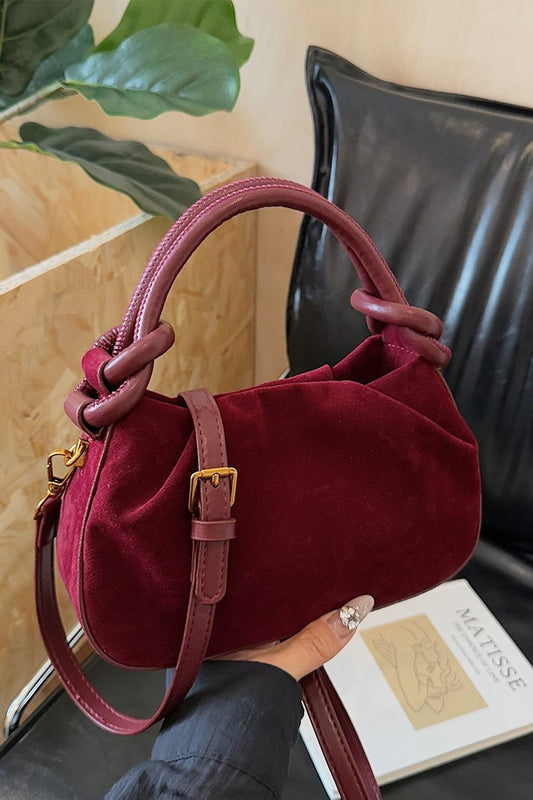 Night Out Suede Purse in Cabernet — ruched suede tote with knotted handle from Thread & Clover boutique