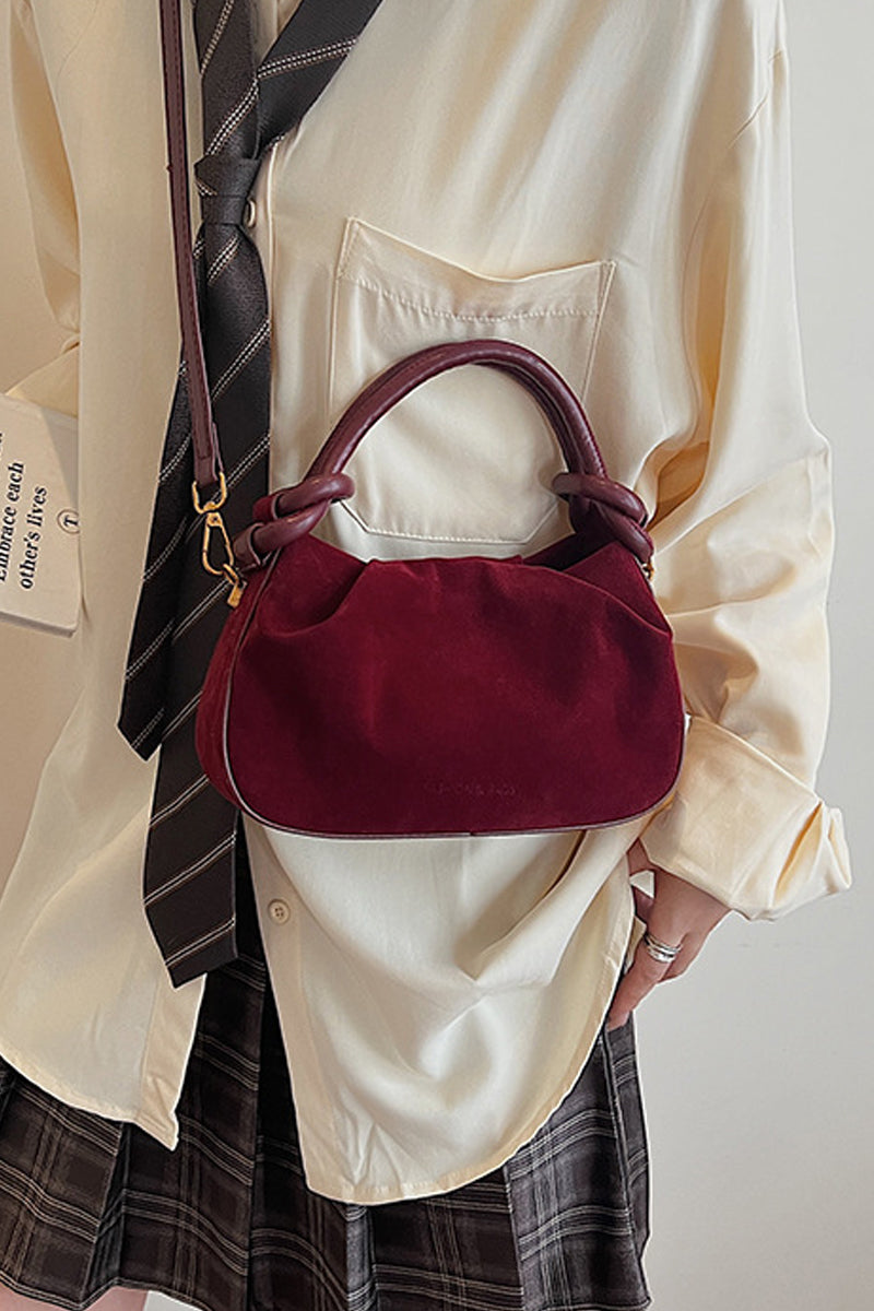 Night Out Suede Purse in Cabernet — ruched suede tote with knotted handle from Thread & Clover boutique