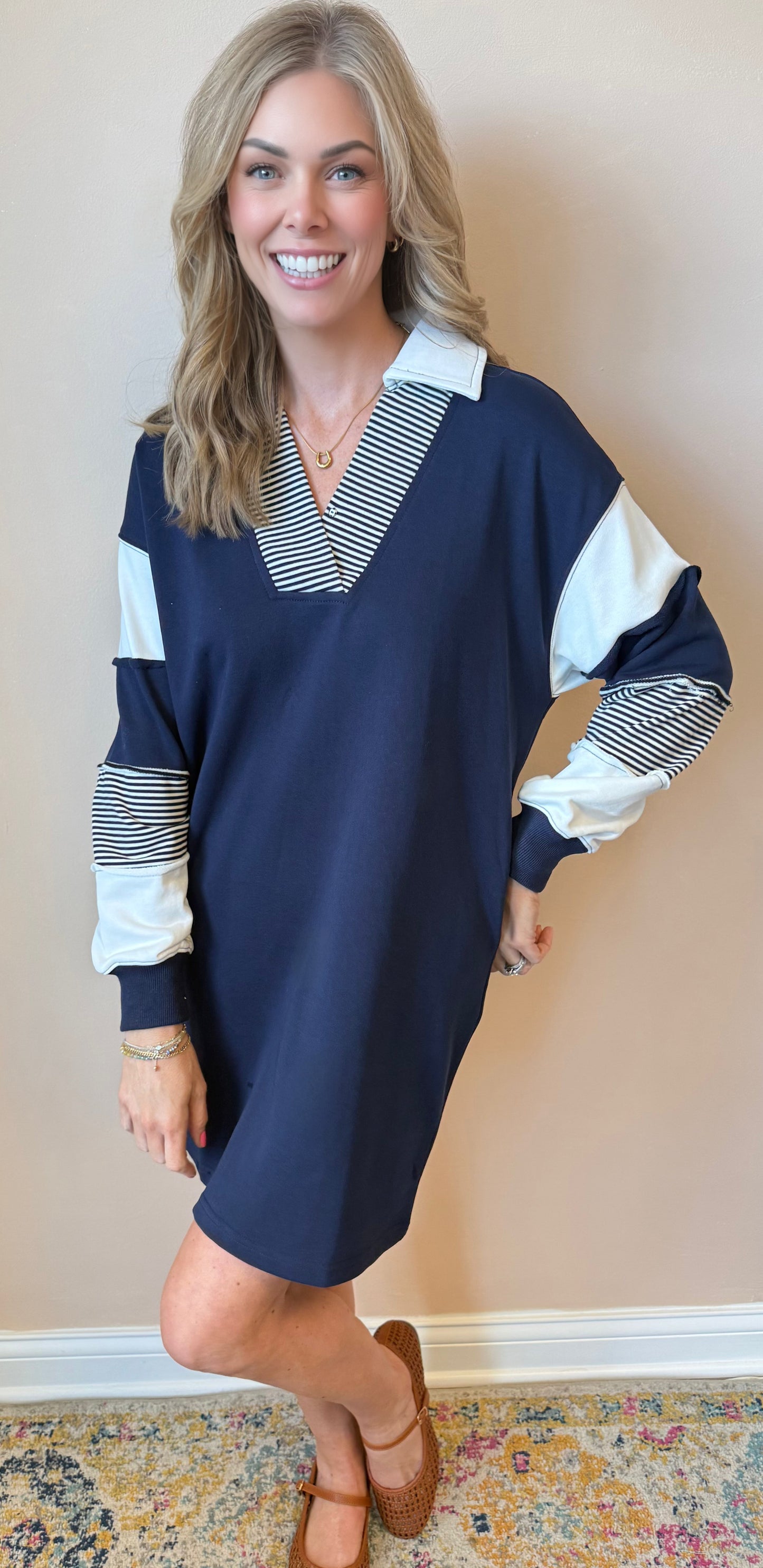 Cute and Comfy Striped Dress – Women’s Navy Long Sleeve Sporty Casual Shift Dress