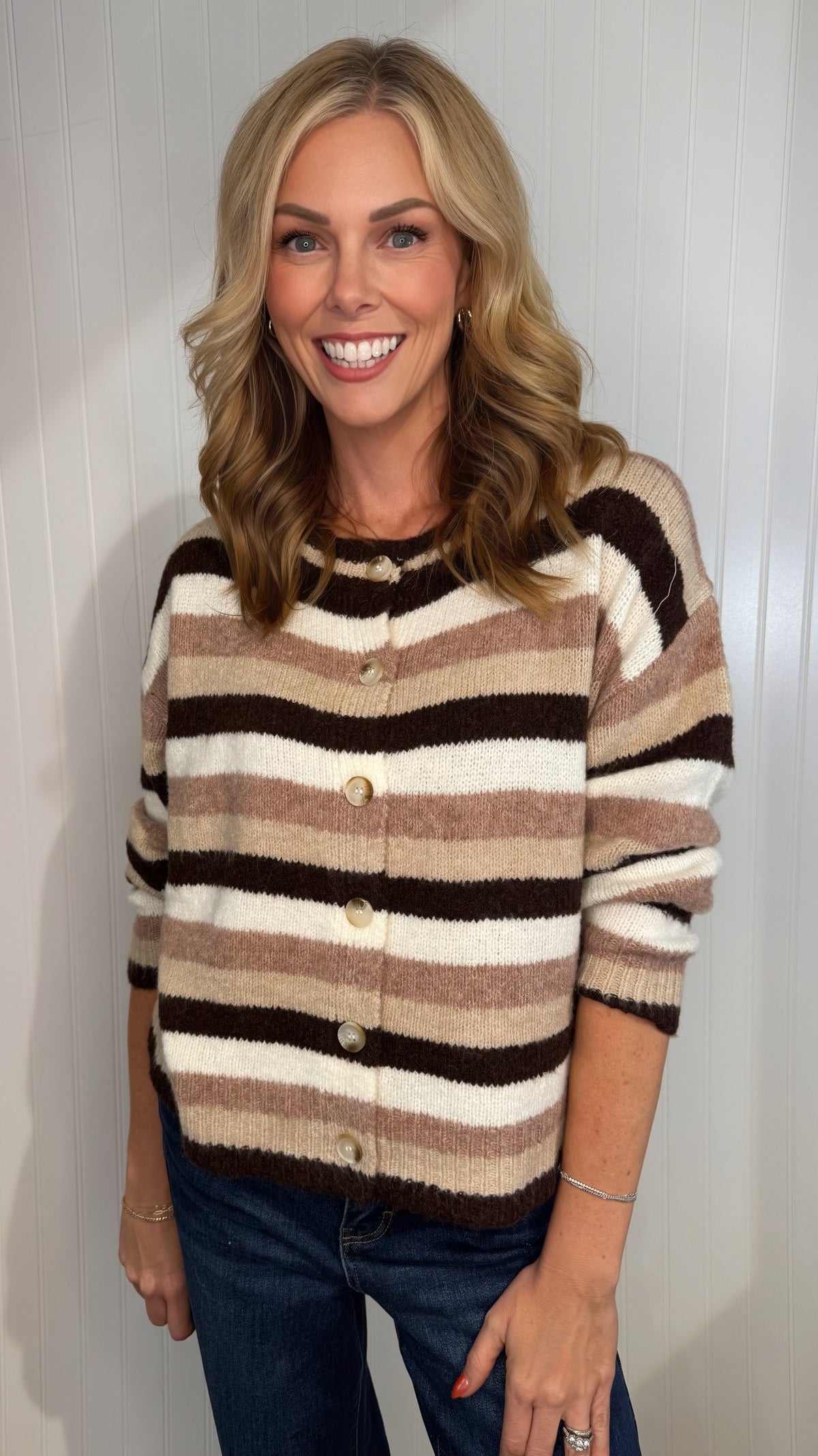 Millie Mocha Stripe Cardigan in Mocha — striped knit cardigan from Thread & Clover boutique