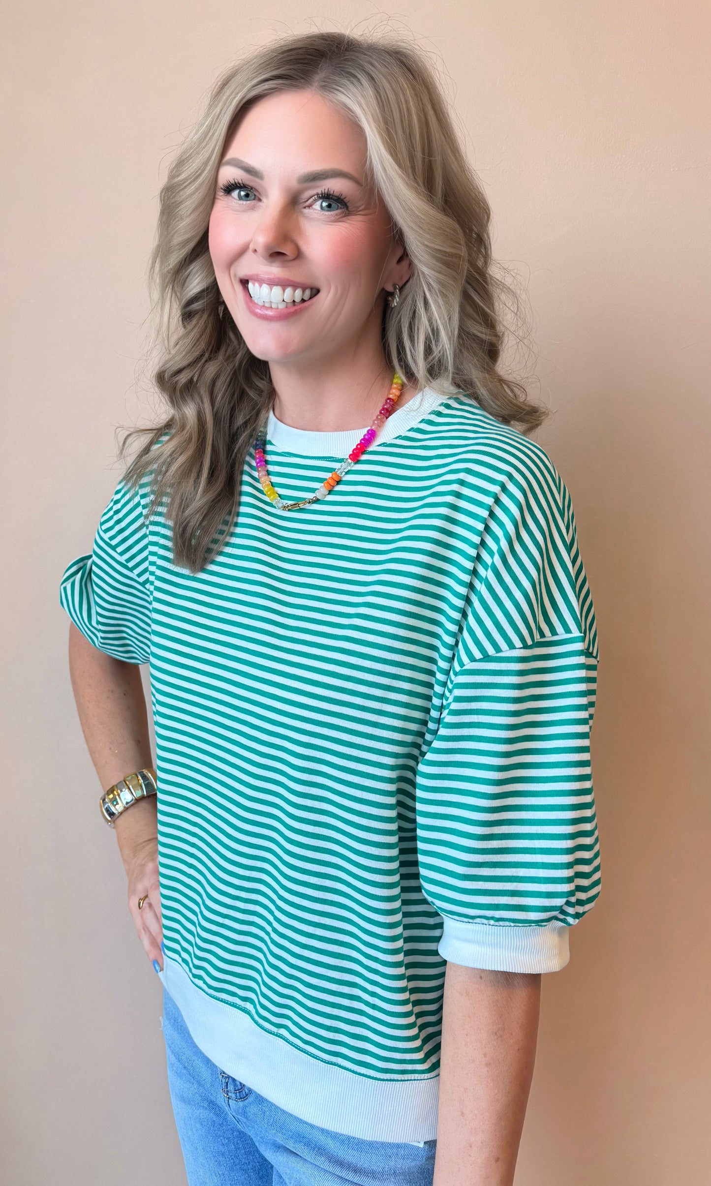 Aster Striped Top – Women’s Short Sleeve Striped Casual Knit Top (Multiple Colors)
