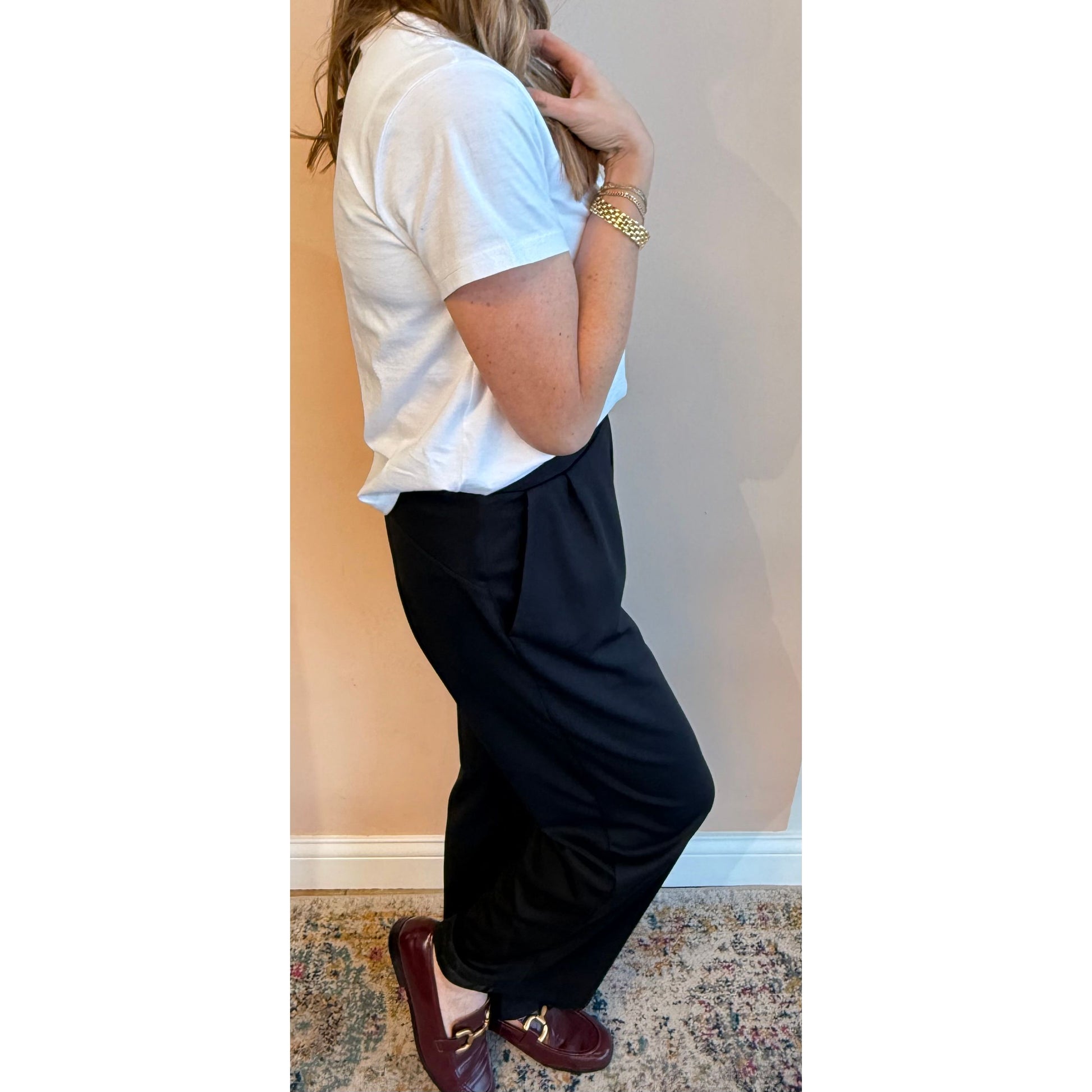 Tried and True Bootcut Trouser back view in black — stretch work trouser from Thread & Clover boutique