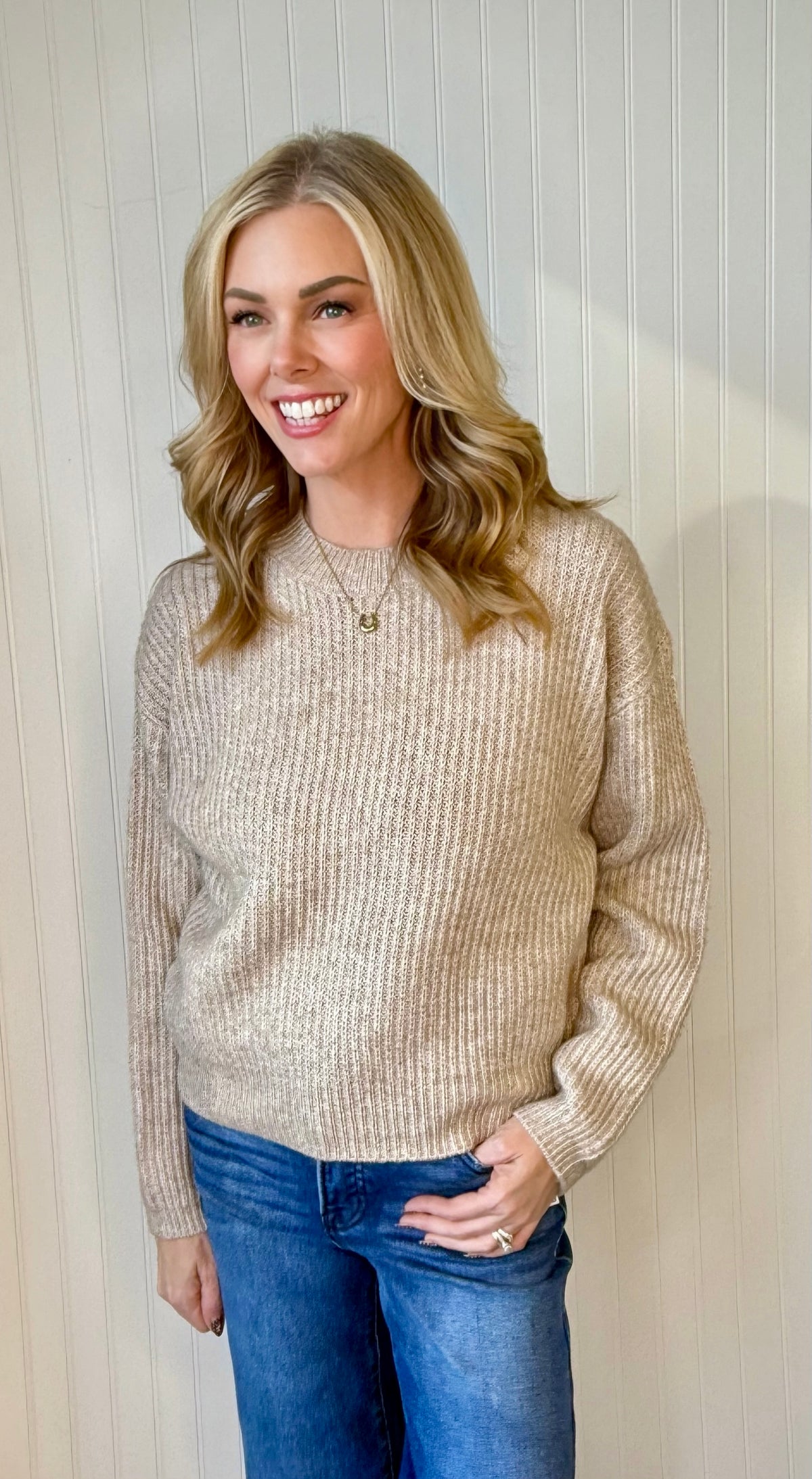 Weekend Plans Crew Neck Sweater in taupe — crew neck sweater from Thread & Clover boutique