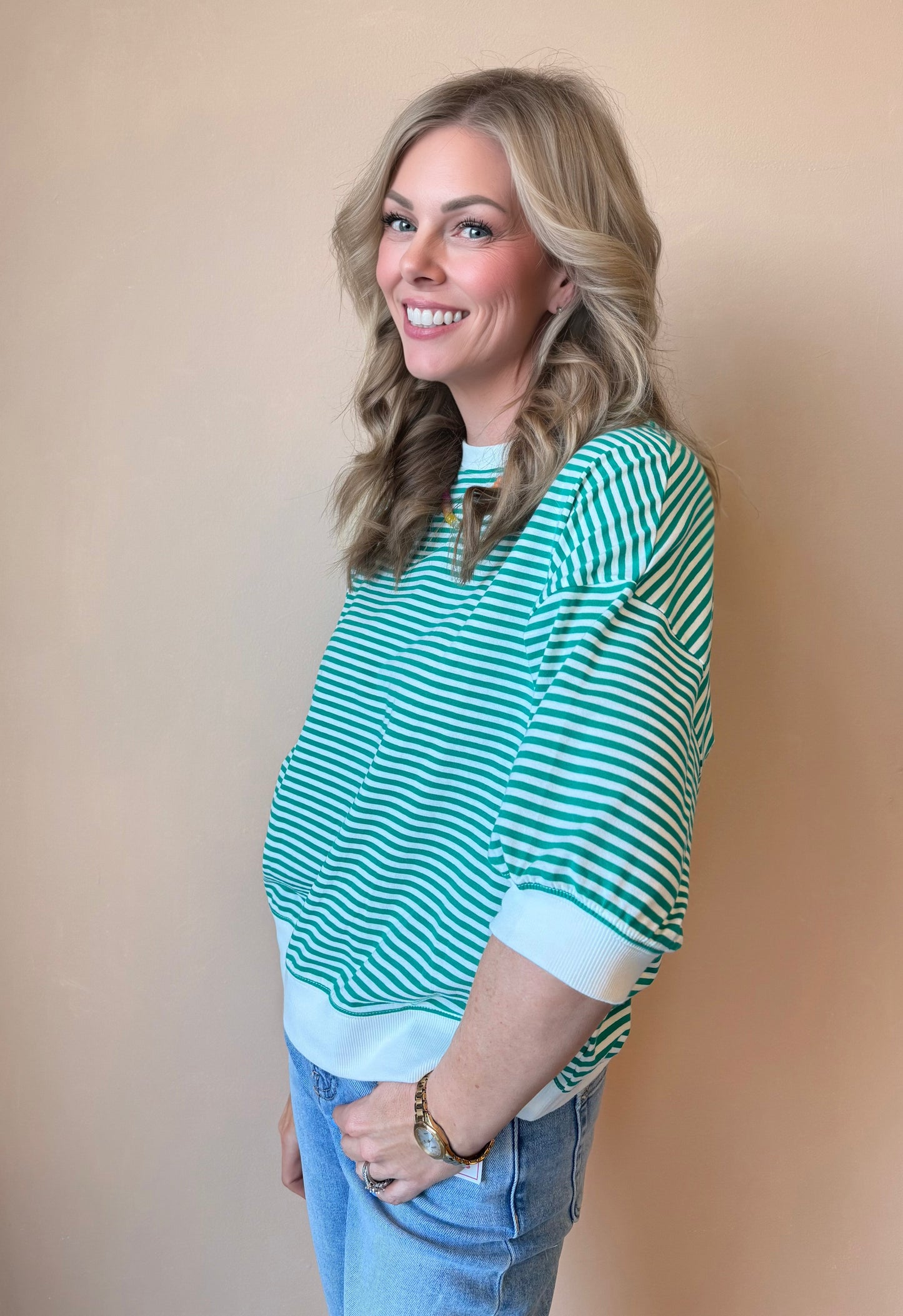 Aster Striped Top – Women’s Short Sleeve Striped Casual Knit Top (Multiple Colors)