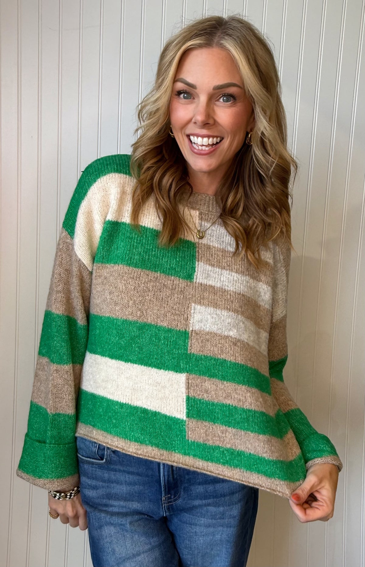 Delilah Striped Sweater in Kelly/Oat — color-block knit sweater from Thread & Clover boutique