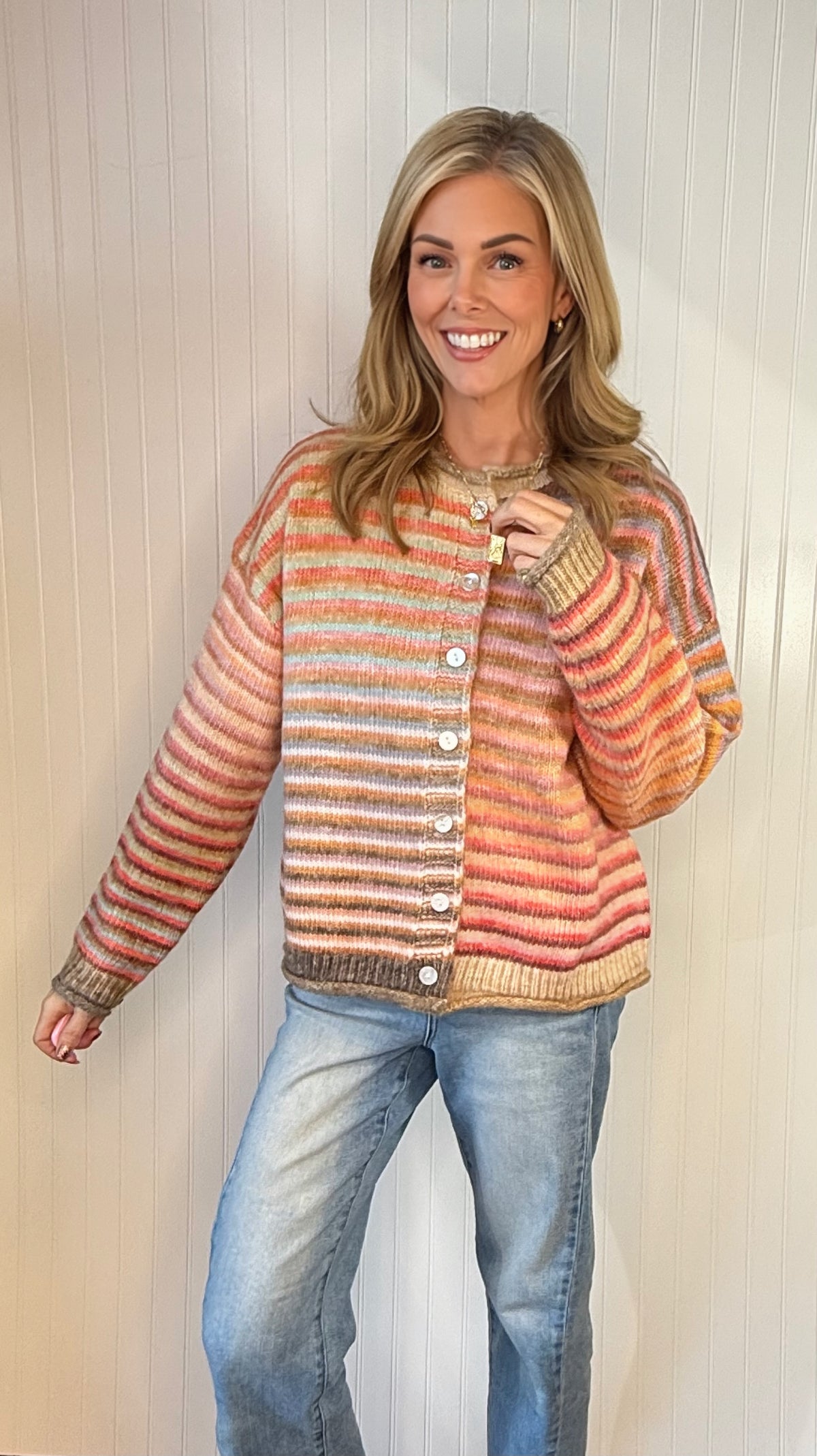 Juliet Sweater Cardigan in multicolor sunset stripes — button-front striped cardigan from Thread & Clover boutique