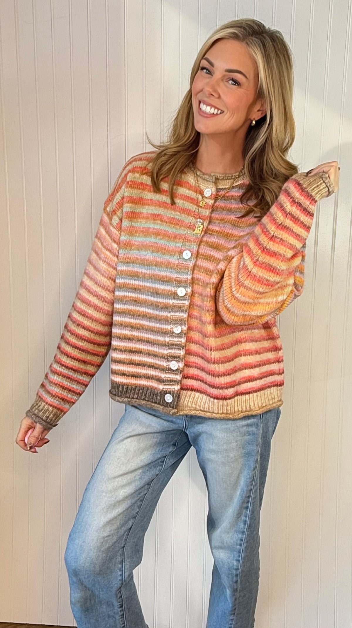 Juliet Sweater Cardigan in multicolor sunset stripes — button-front striped cardigan from Thread & Clover boutique