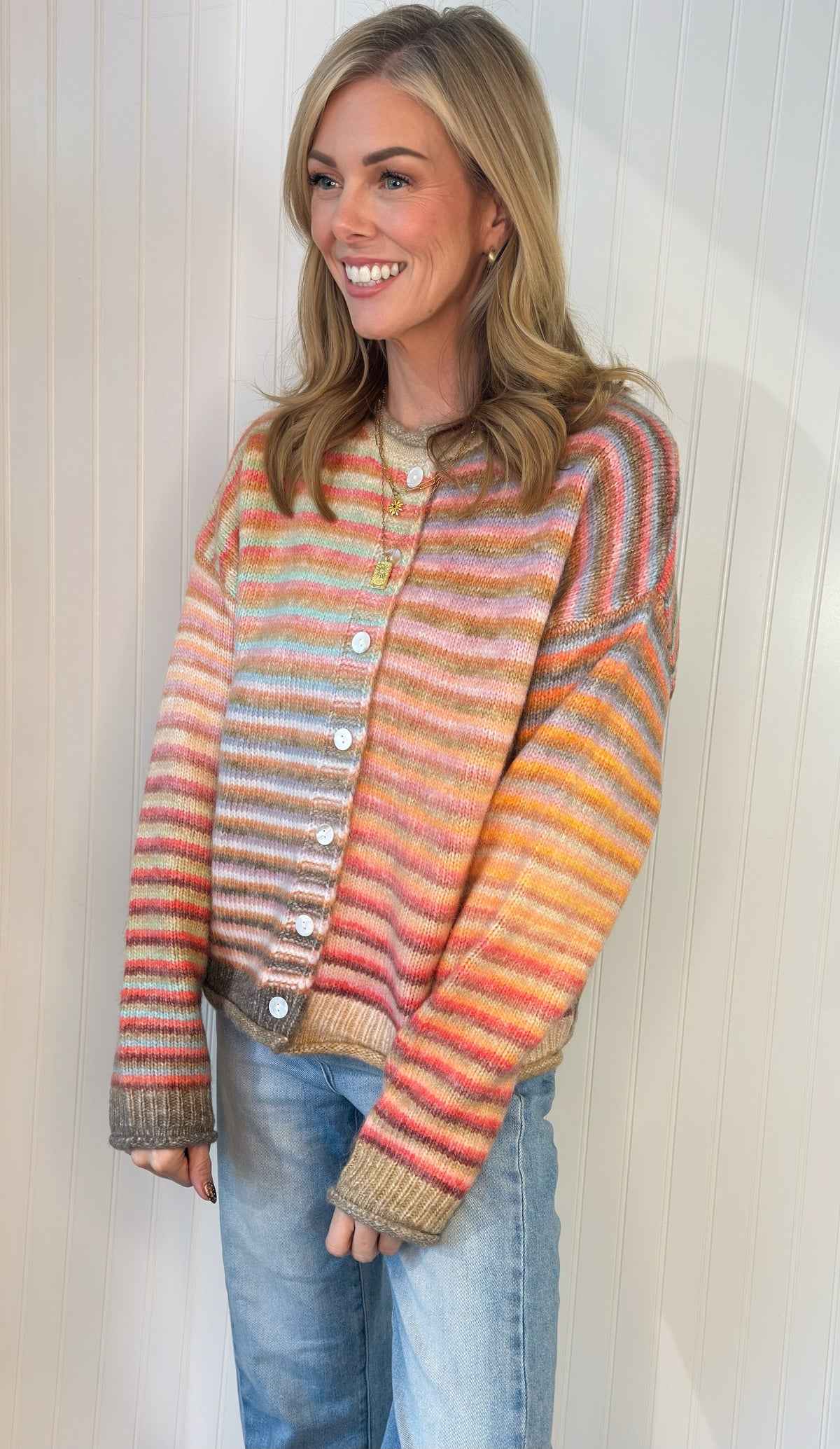 Juliet Sweater Cardigan in multicolor sunset stripes — button-front striped cardigan from Thread & Clover boutique