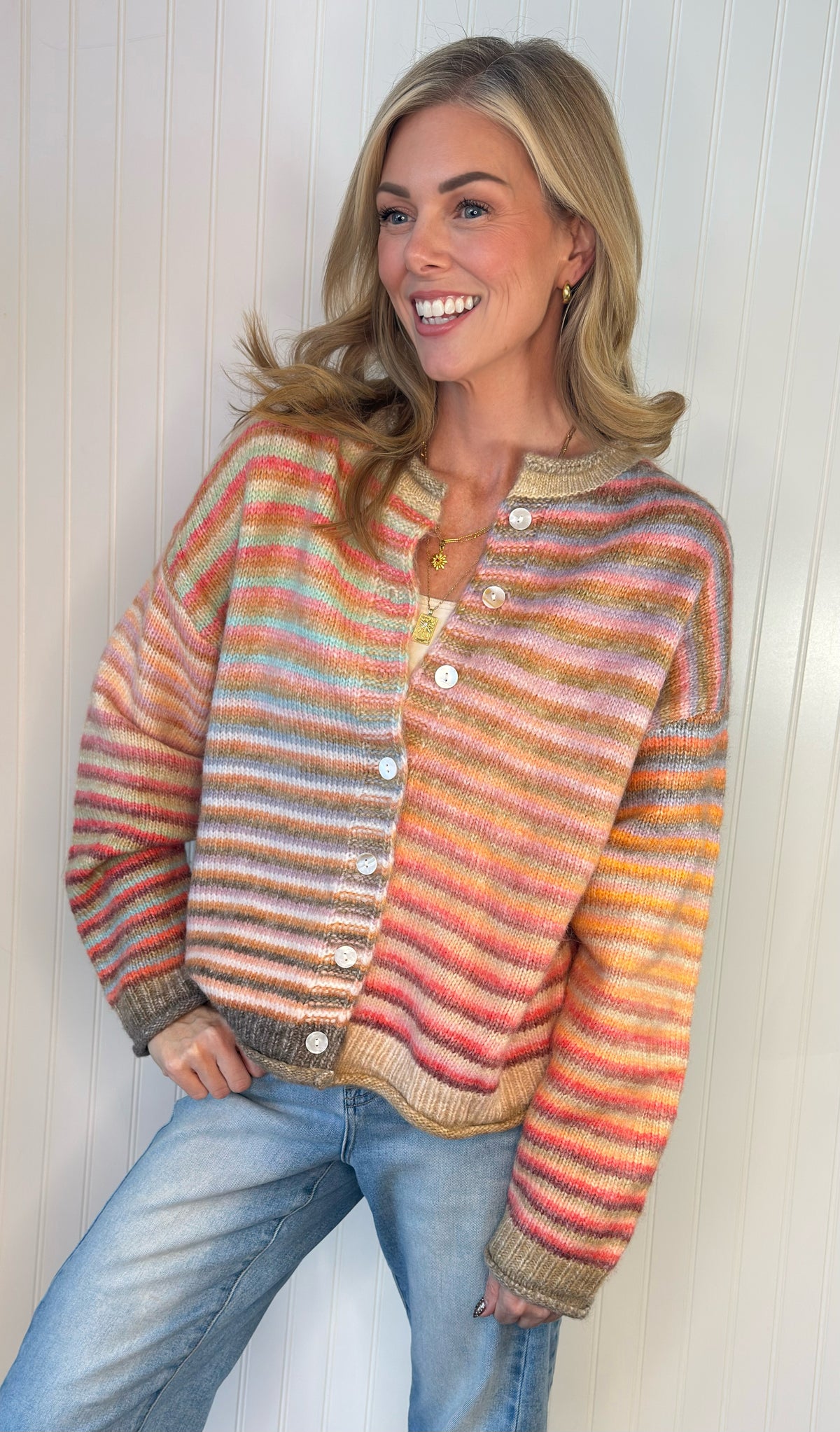 Juliet Sweater Cardigan in multicolor sunset stripes — button-front striped cardigan from Thread & Clover boutique