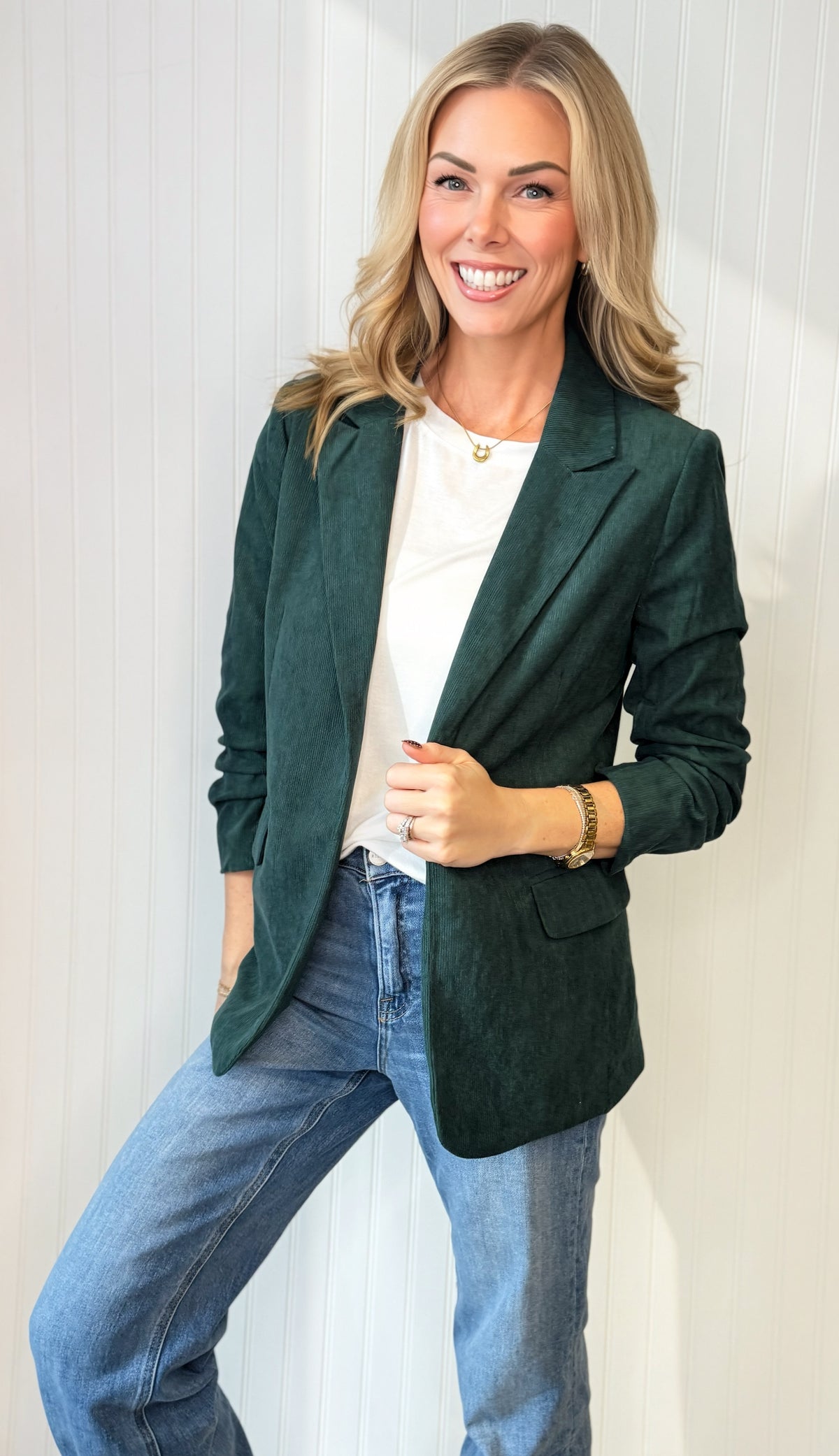 Essential Corduroy Blazer in Deep Green — structured corduroy blazer from Thread & Clover boutique