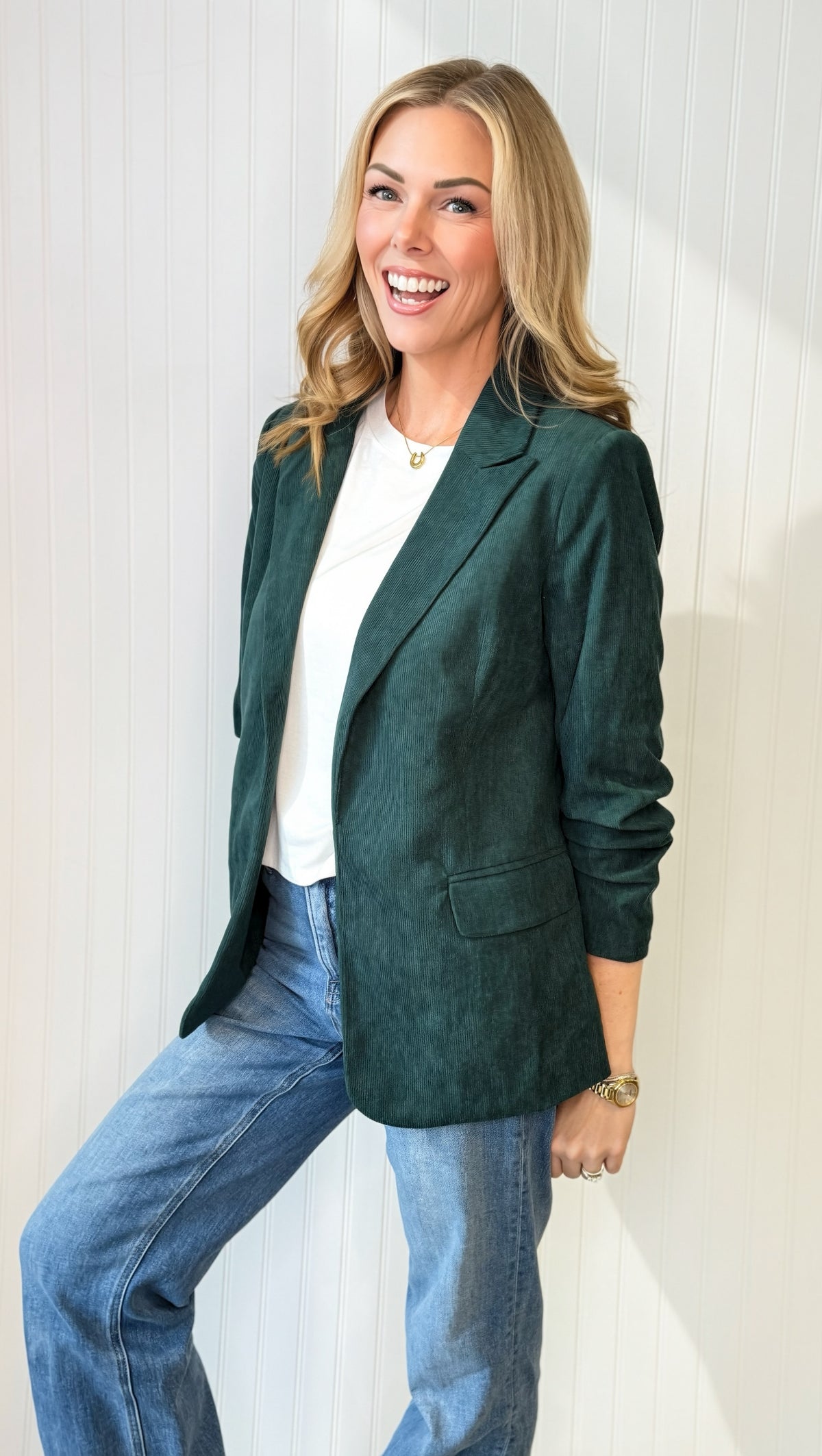 Essential Corduroy Blazer in Deep Green — structured corduroy blazer from Thread & Clover boutique