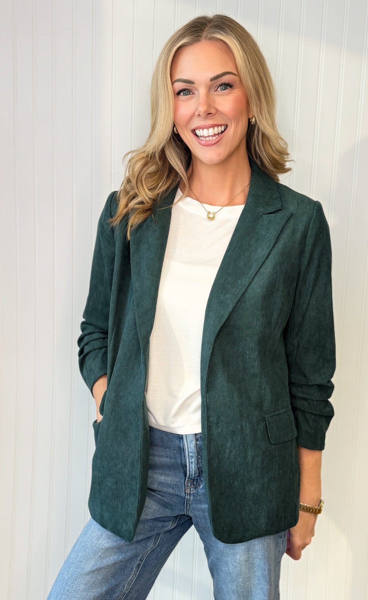 Essential Corduroy Blazer in Deep Green — structured corduroy blazer from Thread & Clover boutique