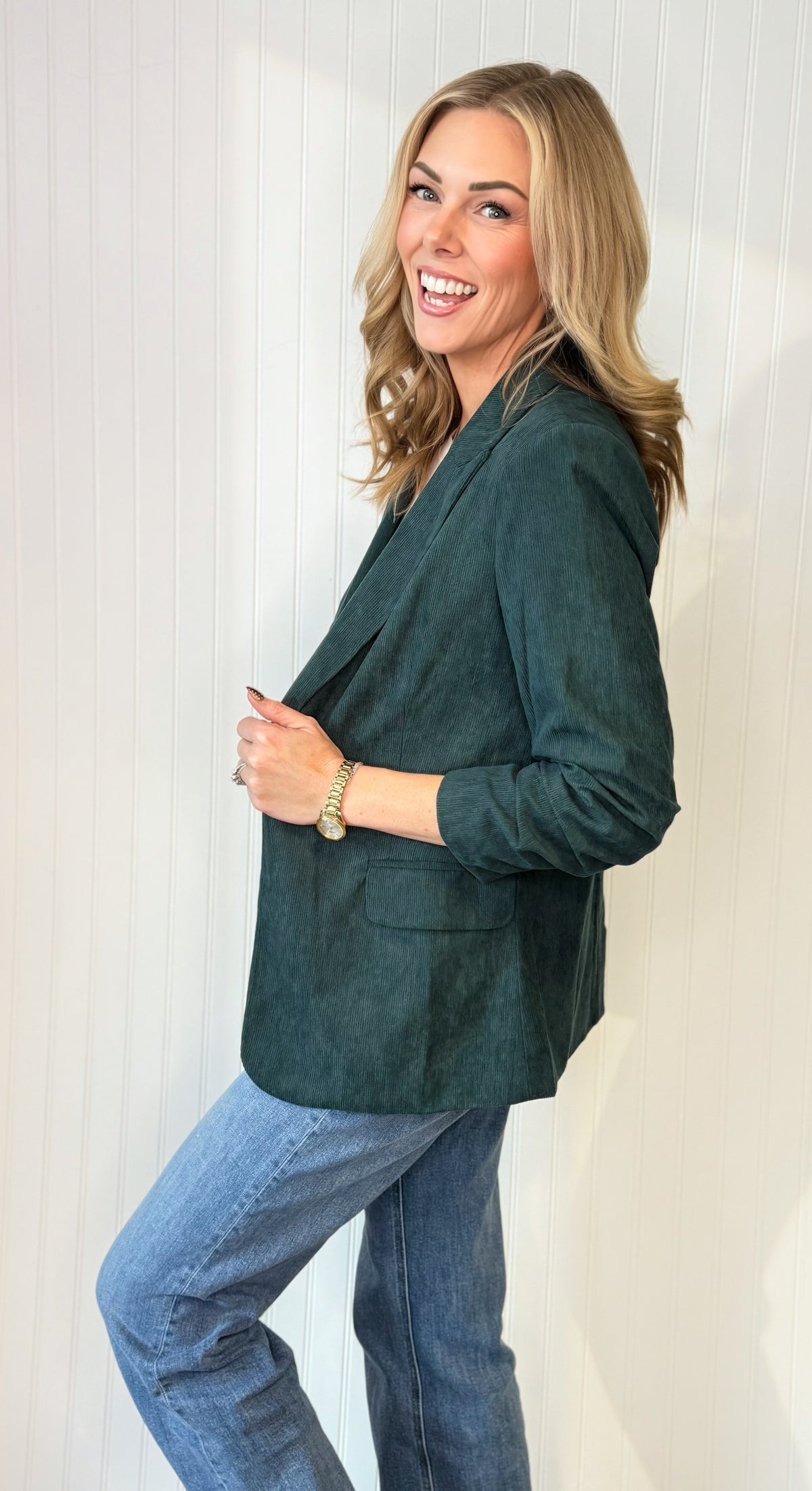 Essential Corduroy Blazer in Deep Green — structured corduroy blazer from Thread & Clover boutique