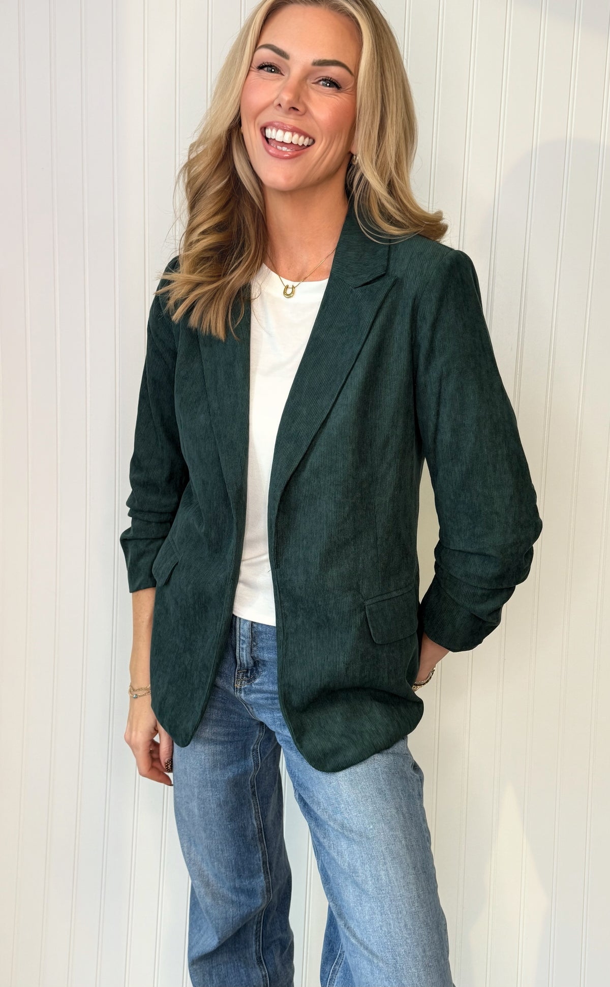 Essential Corduroy Blazer in Deep Green — structured corduroy blazer from Thread & Clover boutique