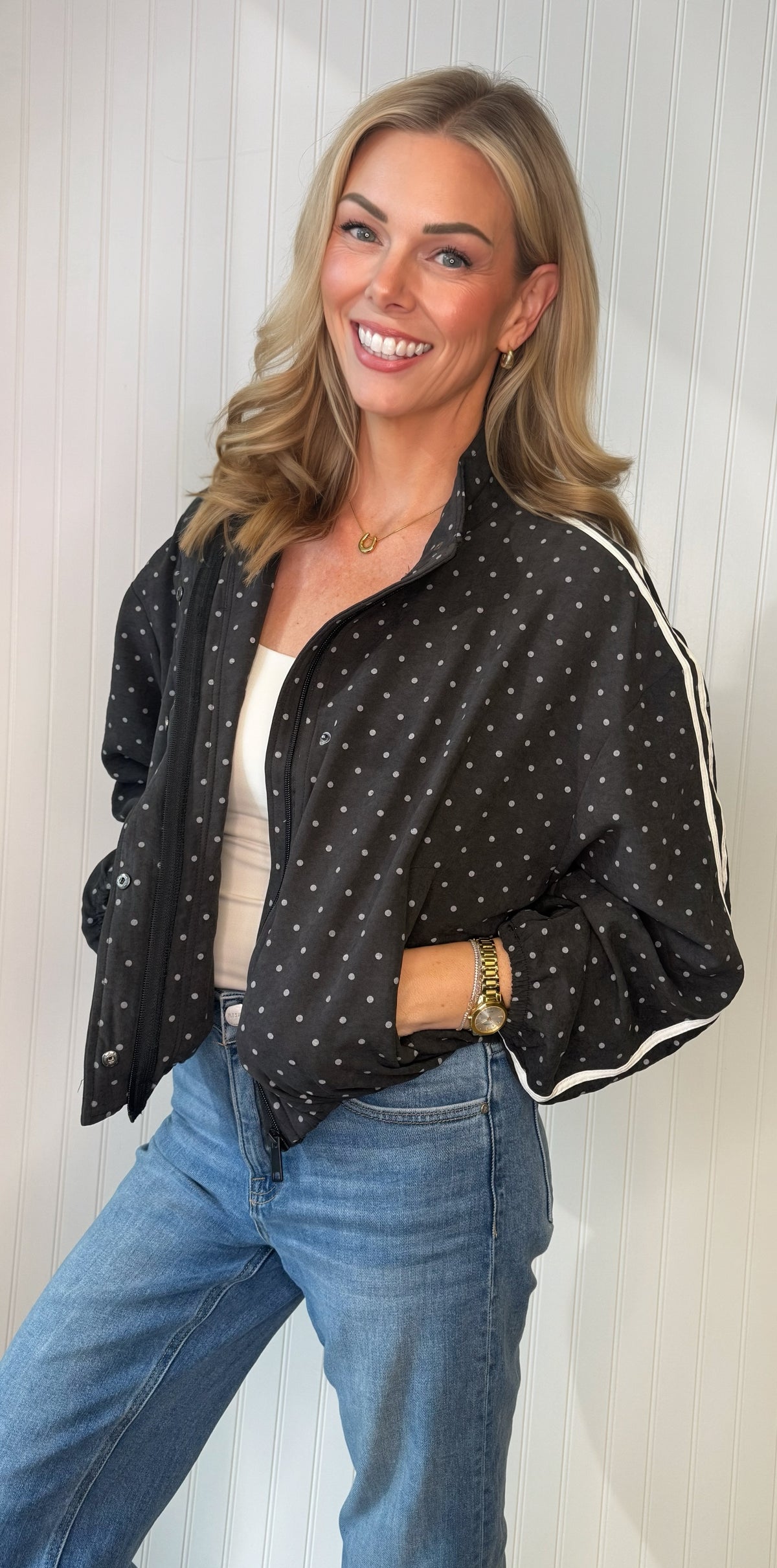 Pixie Suede-Like Cropped Zip Jacket in black polka dot — cropped zip jacket from Thread & Clover boutique