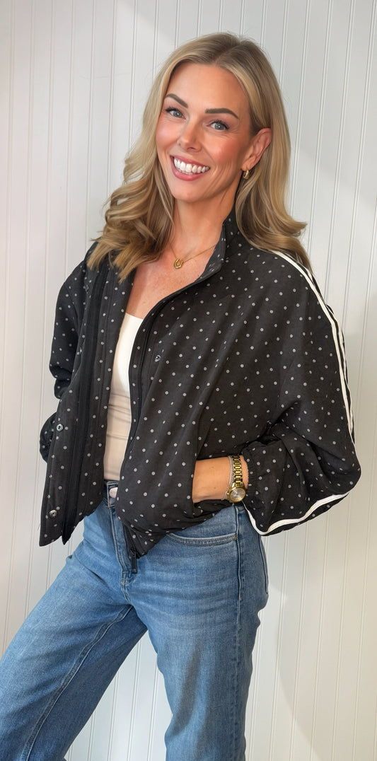Pixie Suede-Like Cropped Zip Jacket in black polka dot — cropped zip jacket from Thread & Clover boutique