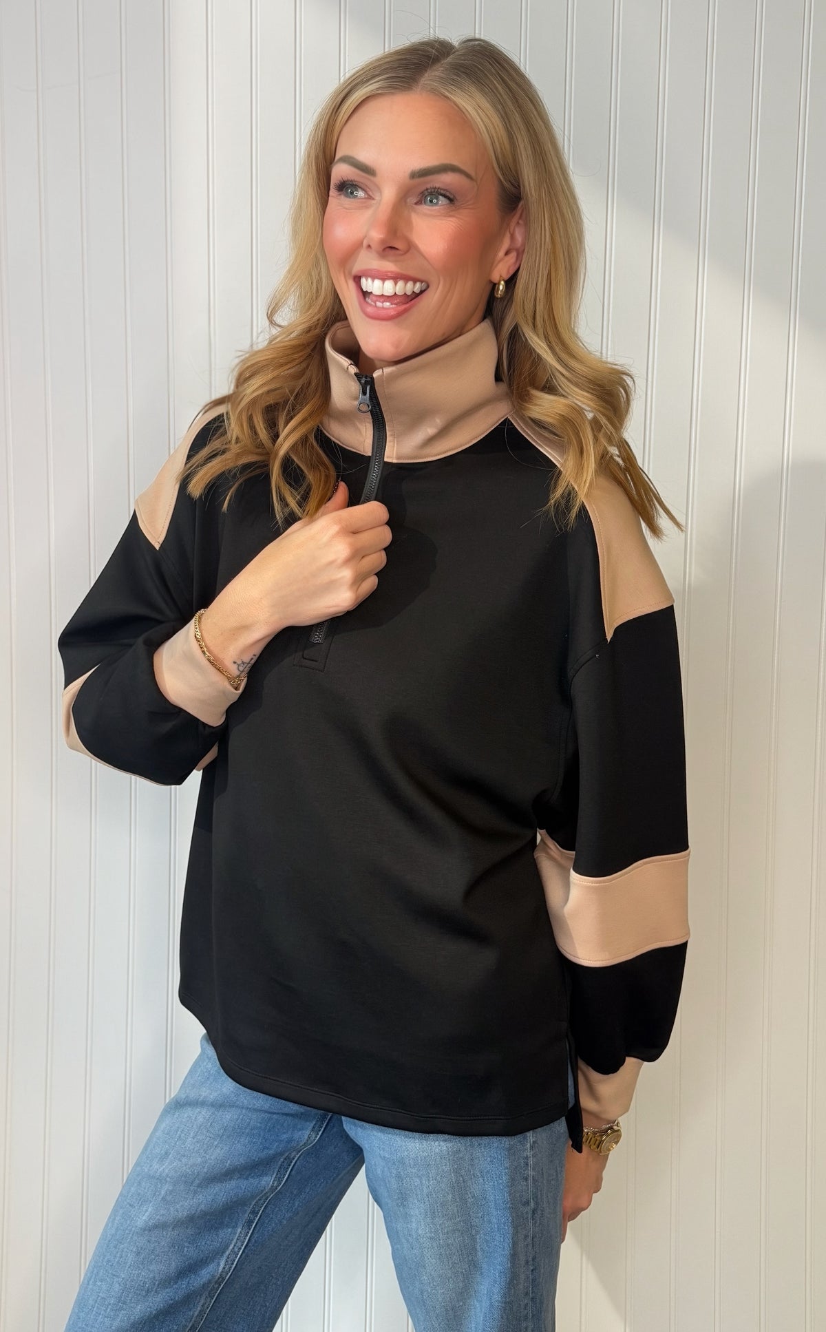 Off Duty Colorblock Half Zip in black and light khaki — colorblock half-zip pullover from Thread & Clover boutique