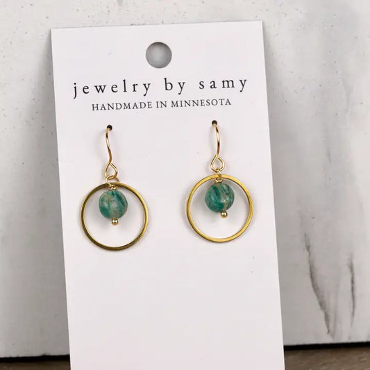Gemstone Dangle Earrings in gold tone — handcrafted gemstone and stainless steel dangle earrings from Thread & Clover boutique