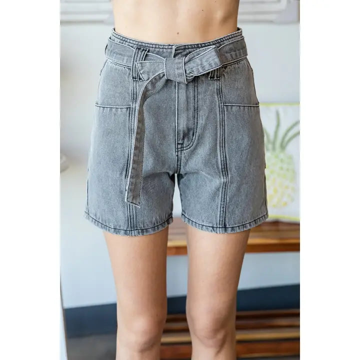 Gia Washed Denim Shorts in grey — 100% cotton washed denim front view from Thread & Clover boutique