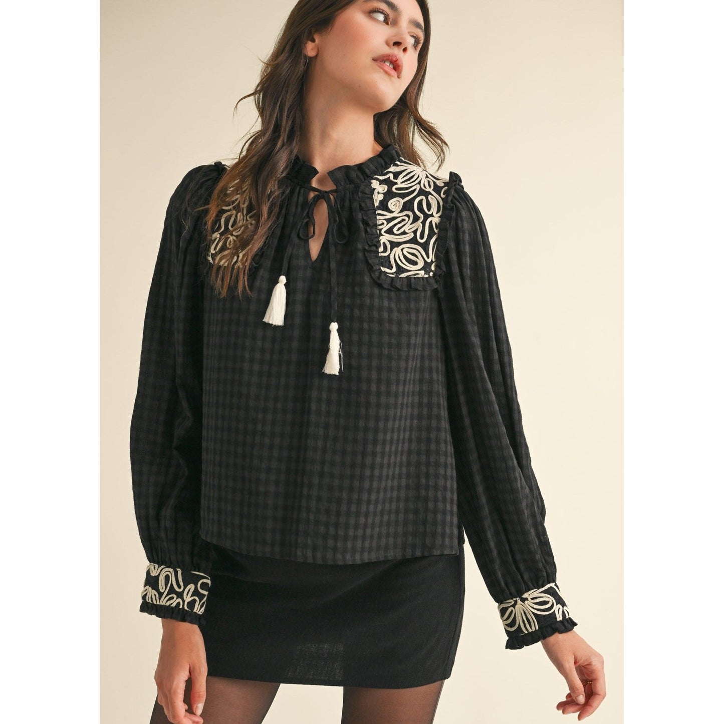 Gingham Puff Sleeve Top detail view in black — gingham texture and puff sleeve from Thread & Clover boutique