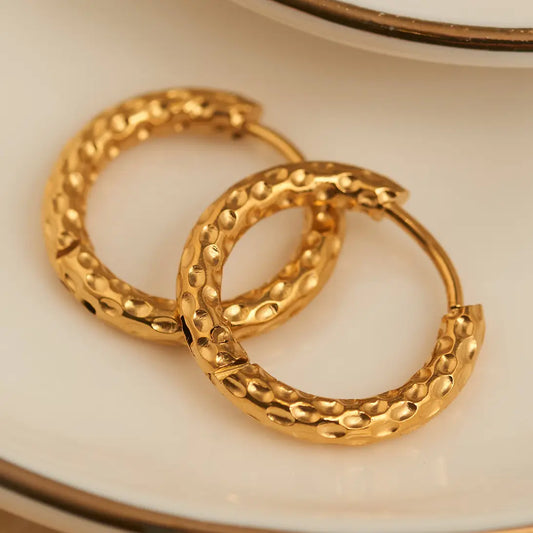 Waterproof Hammered Huggie in gold — textured hammered finish huggie hoops from Thread & Clover boutique