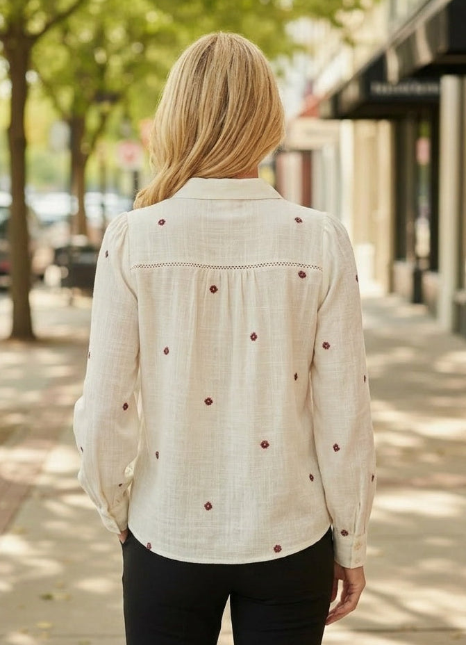 Vero Moda Jillian Embroidered Shirt in ivory — close-up detail of floral embroidery from Thread & Clover boutique