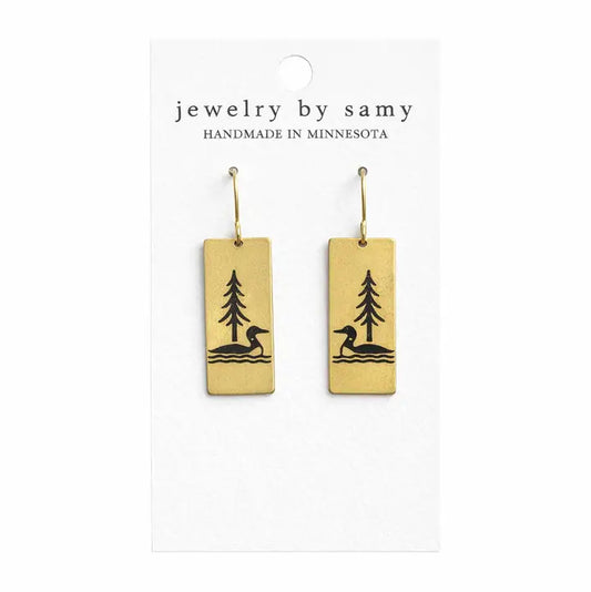 Loon Pine Tree Earrings in gold tone — Minnesota-inspired stainless steel earrings from Thread & Clover boutique