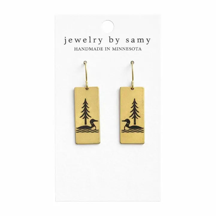 Loon Pine Tree Earrings in gold tone — Minnesota-inspired stainless steel earrings from Thread & Clover boutique