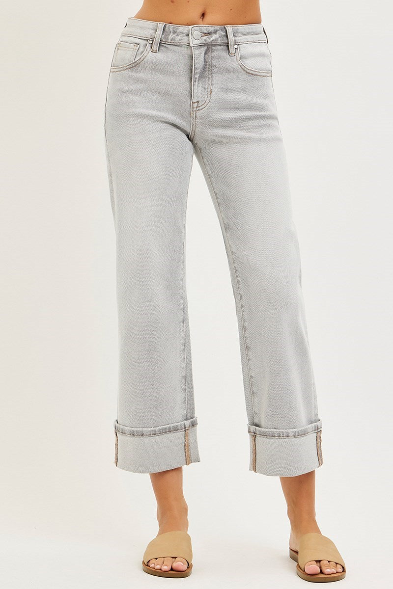 Risen Amanda Straight Jean in light grey wash — cropped straight leg denim with cuffed hem from Thread & Clover boutique