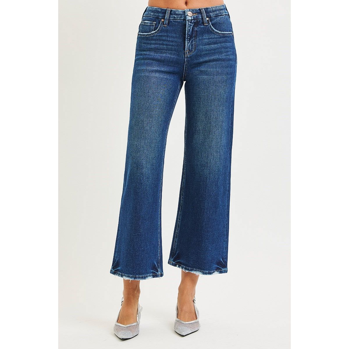 Risen Emma Wide Crop Jeans detail view in dark wash — waistband and tummy control from Thread & Clover boutique