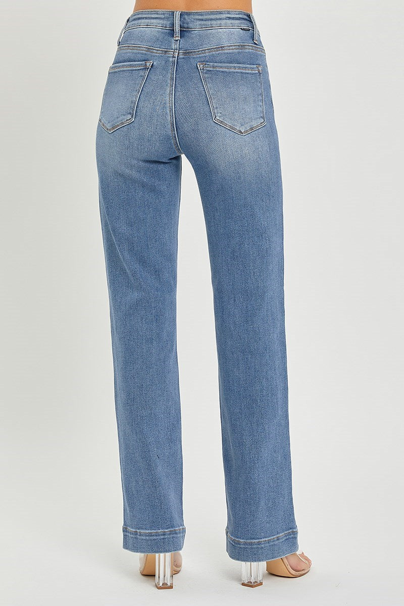 Risen Ginnie Jeans detail in medium wash — high rise waistband from Thread & Clover boutique