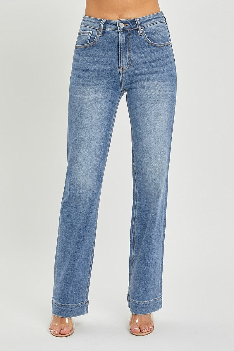 Risen Ginnie Jeans side view in medium wash — clean straight leg denim from Thread & Clover boutique