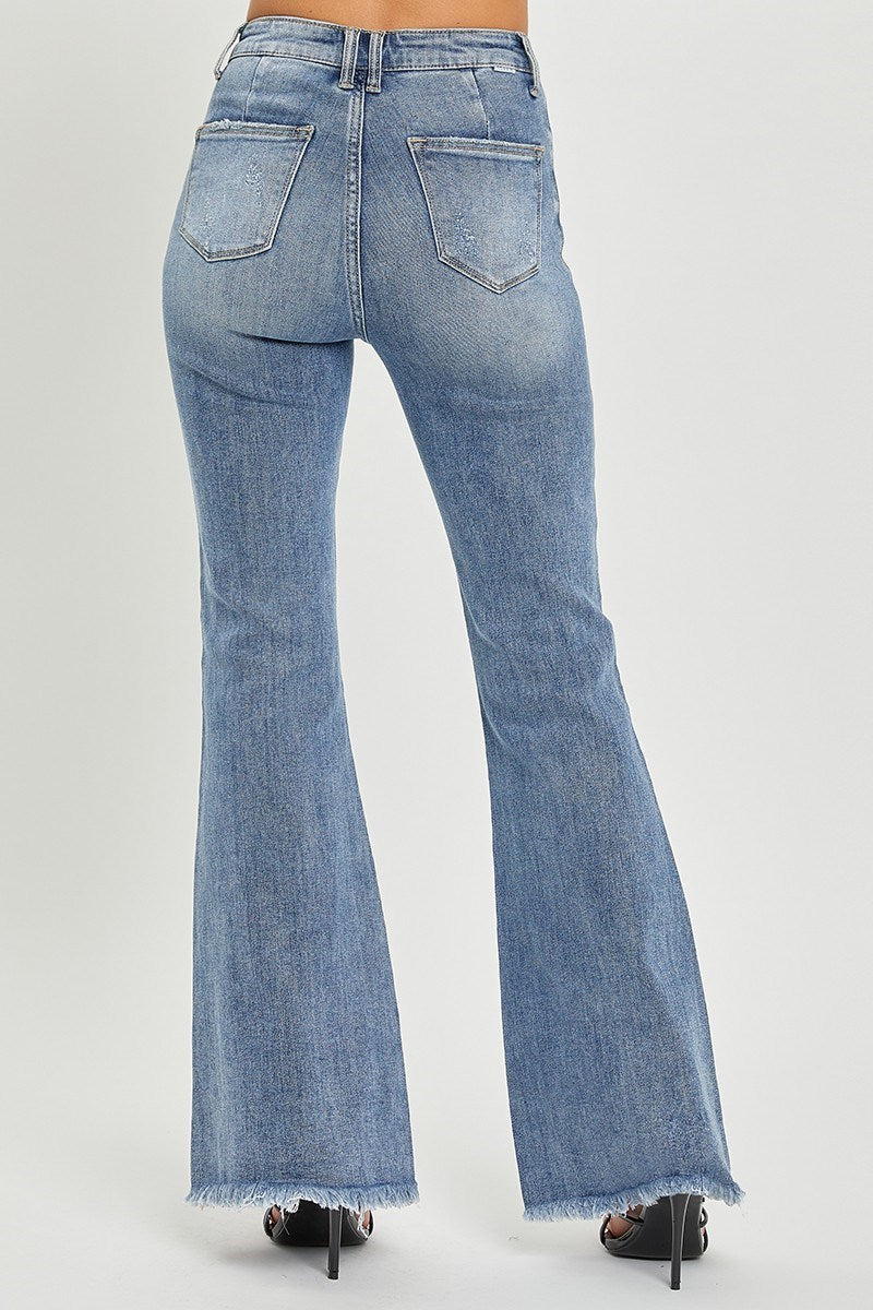 Risen Faye Jeans side view in medium wash — high rise flare denim from Thread & Clover boutique