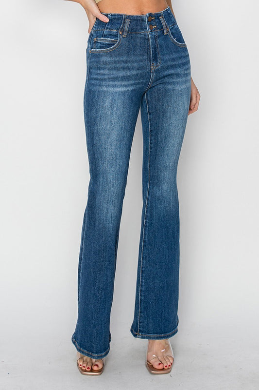 Risen Pennie Jeans in dark wash — leg-lengthening flare jeans from Thread & Clover boutique