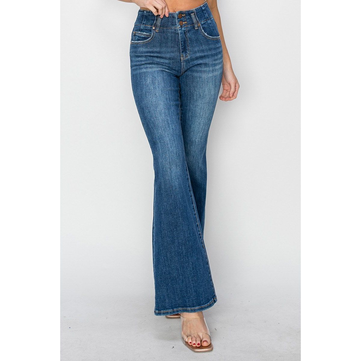 Risen Pennie Jeans side view in dark wash — flattering flare denim from Thread & Clover boutique