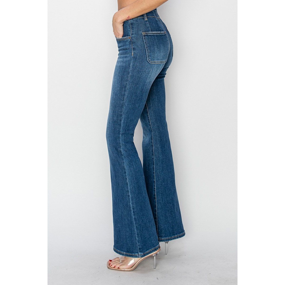 Risen Pennie Jeans back view in dark wash — high rise flare jeans from Thread & Clover boutique