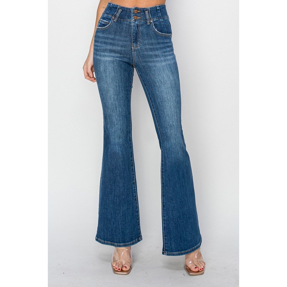 Risen Pennie Jeans full length in dark wash — elongating flare denim from Thread & Clover boutique