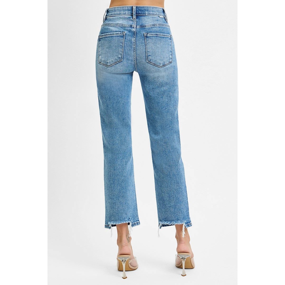 Risen Anna Jeans detail view in medium wash — tummy control waistband from Thread & Clover boutique