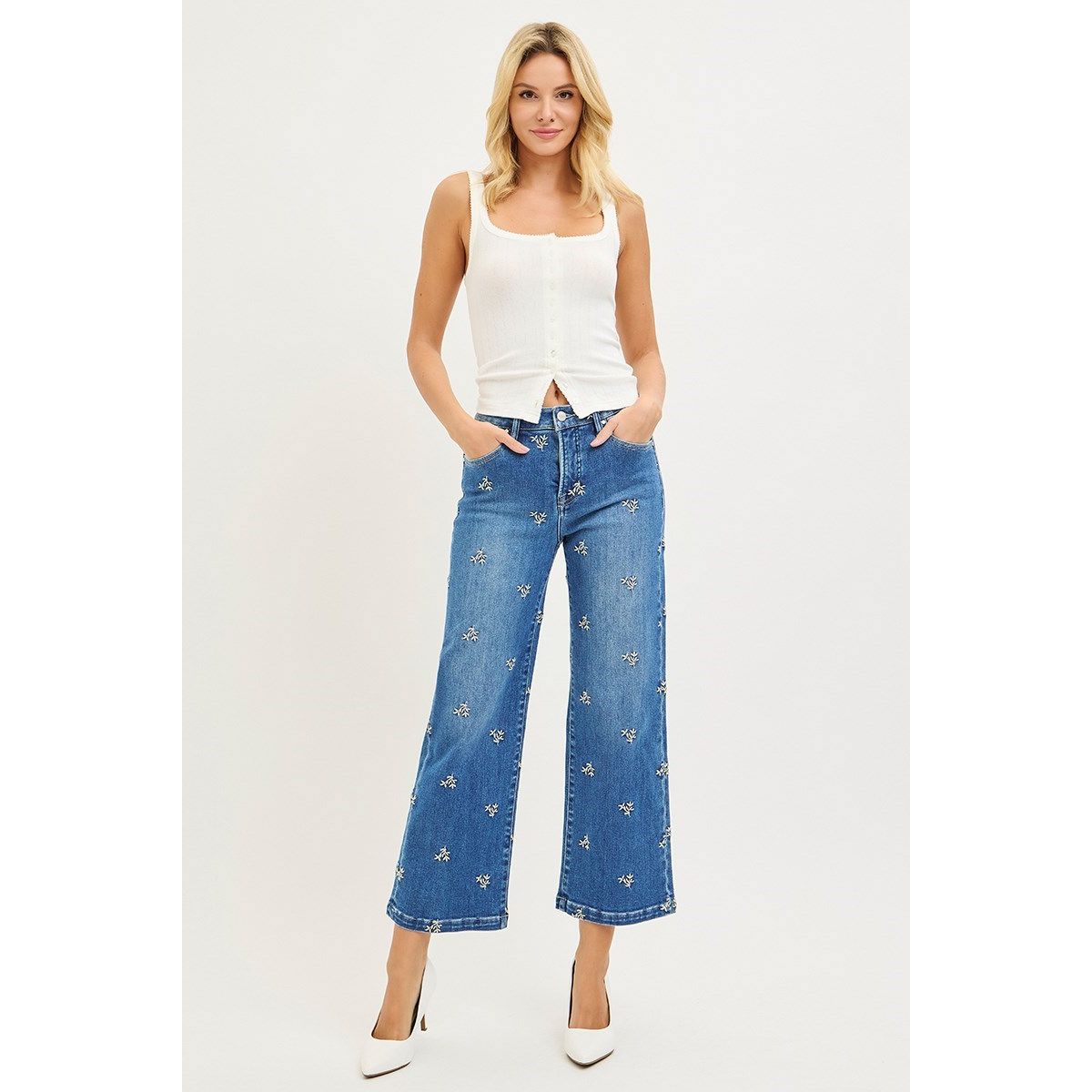 Risen Loraleigh Embroidered Jeans in medium wash — high rise jeans with floral embroidery from Thread & Clover boutique