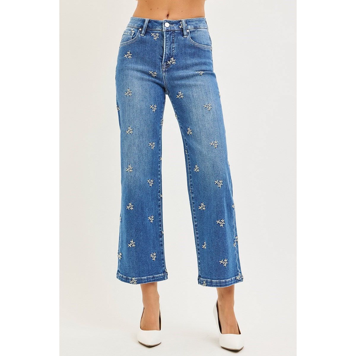 Risen Loraleigh Jeans side view in medium wash — embroidered detail denim from Thread & Clover boutique