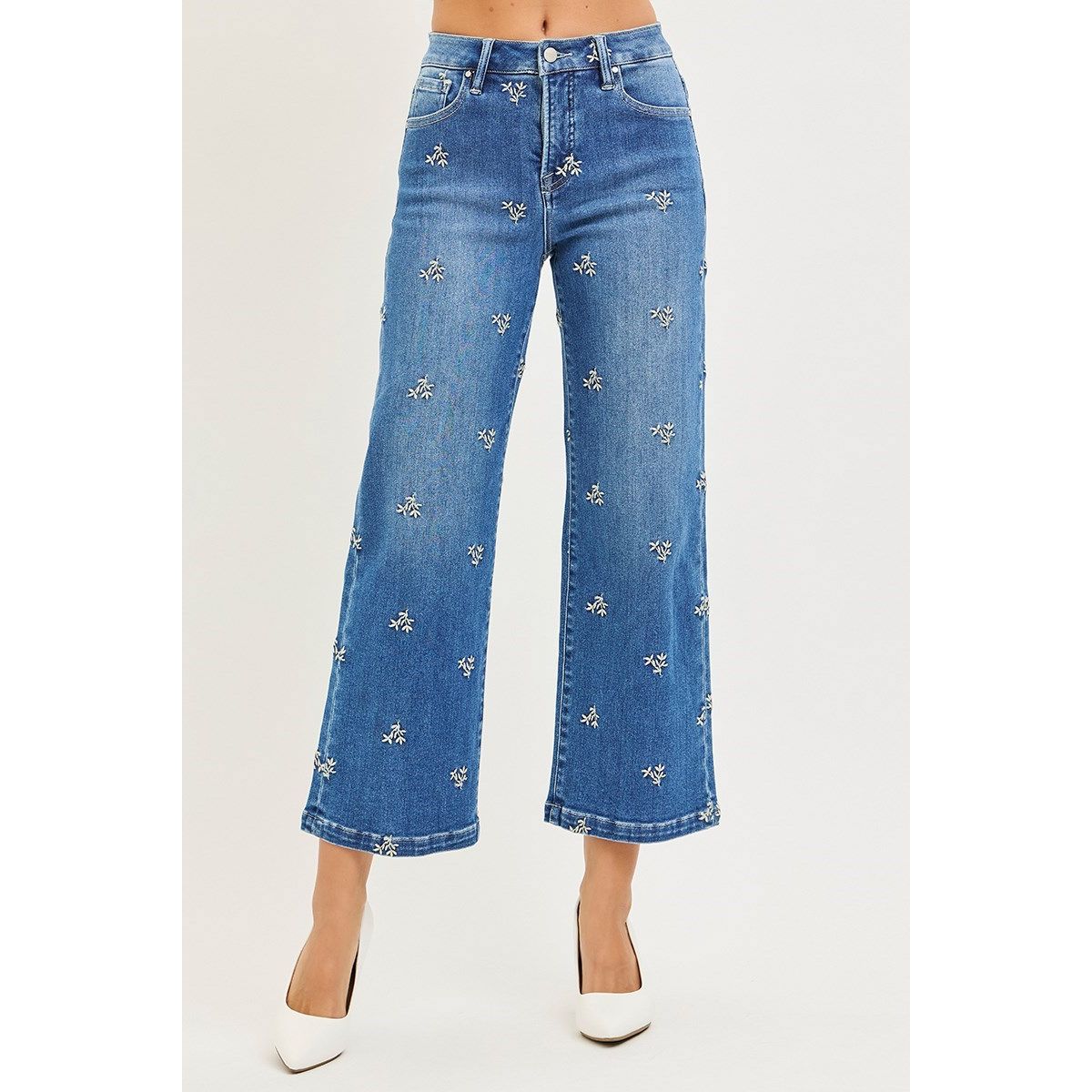 Risen Loraleigh Jeans full length in medium wash — embroidered high rise denim from Thread & Clover boutique